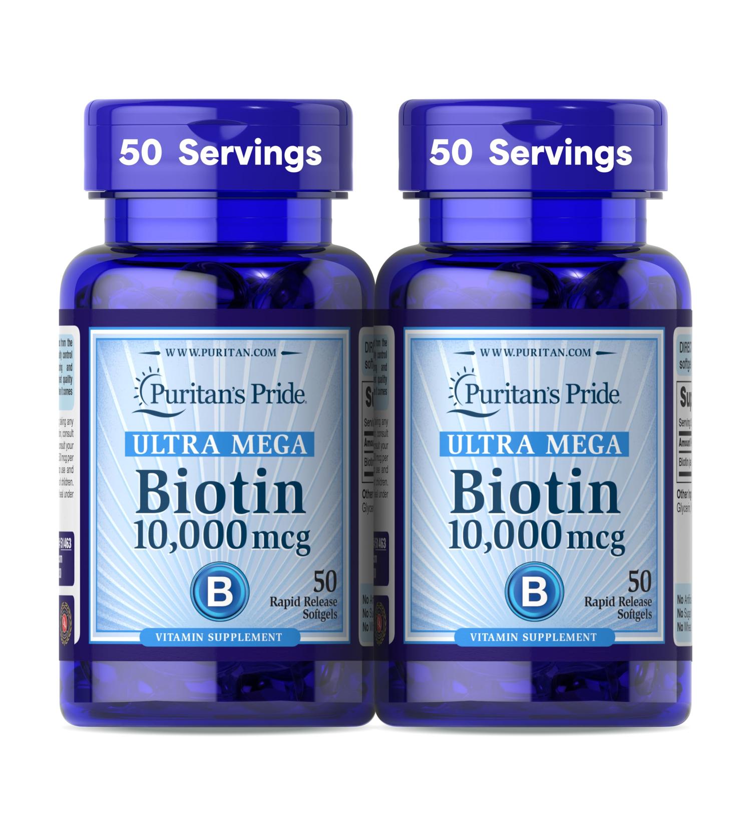 Puritan's Pride Premium Ultra Mega Biotin 10 000mcg Dietary Supplement for Healthy Hair Skin Nails and Energy Metabolism Support 100 Day Supply 50 Rapid Release Softgels 2 Pack 50 Count (Pack of 2) - Buy Online on GoSupps.com