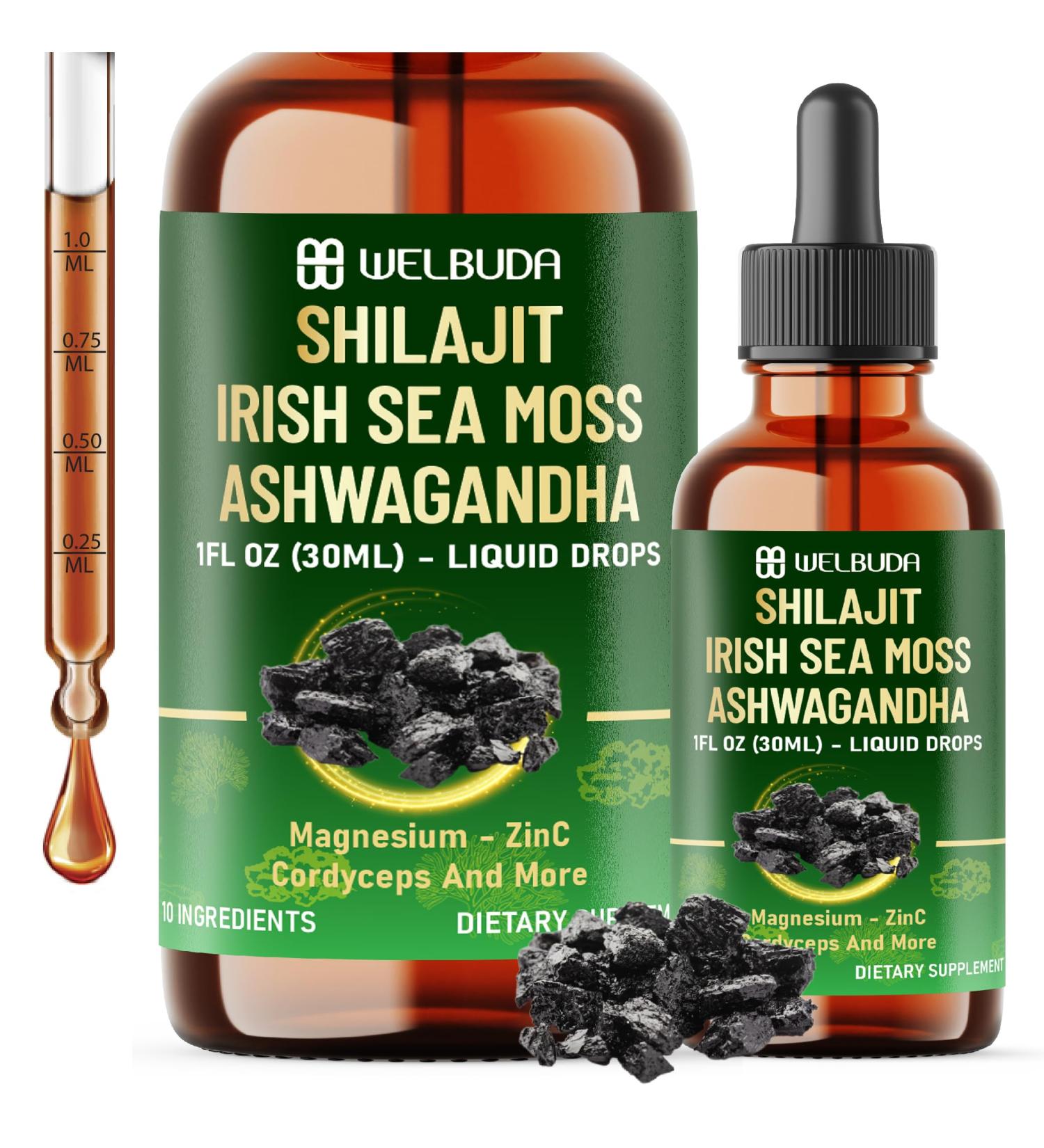 WELBUDA 10in1 Shilajit Liquid Drops with Magnesium Zinc Shilajit Irish Sea Moss Ashwagandha Cordyceps Mushroom Tongkat Ali Stinging Nettle Root Rhodiola Rosea - 1 FL Oz - 60 Day Supply - Buy Online on GoSupps.com