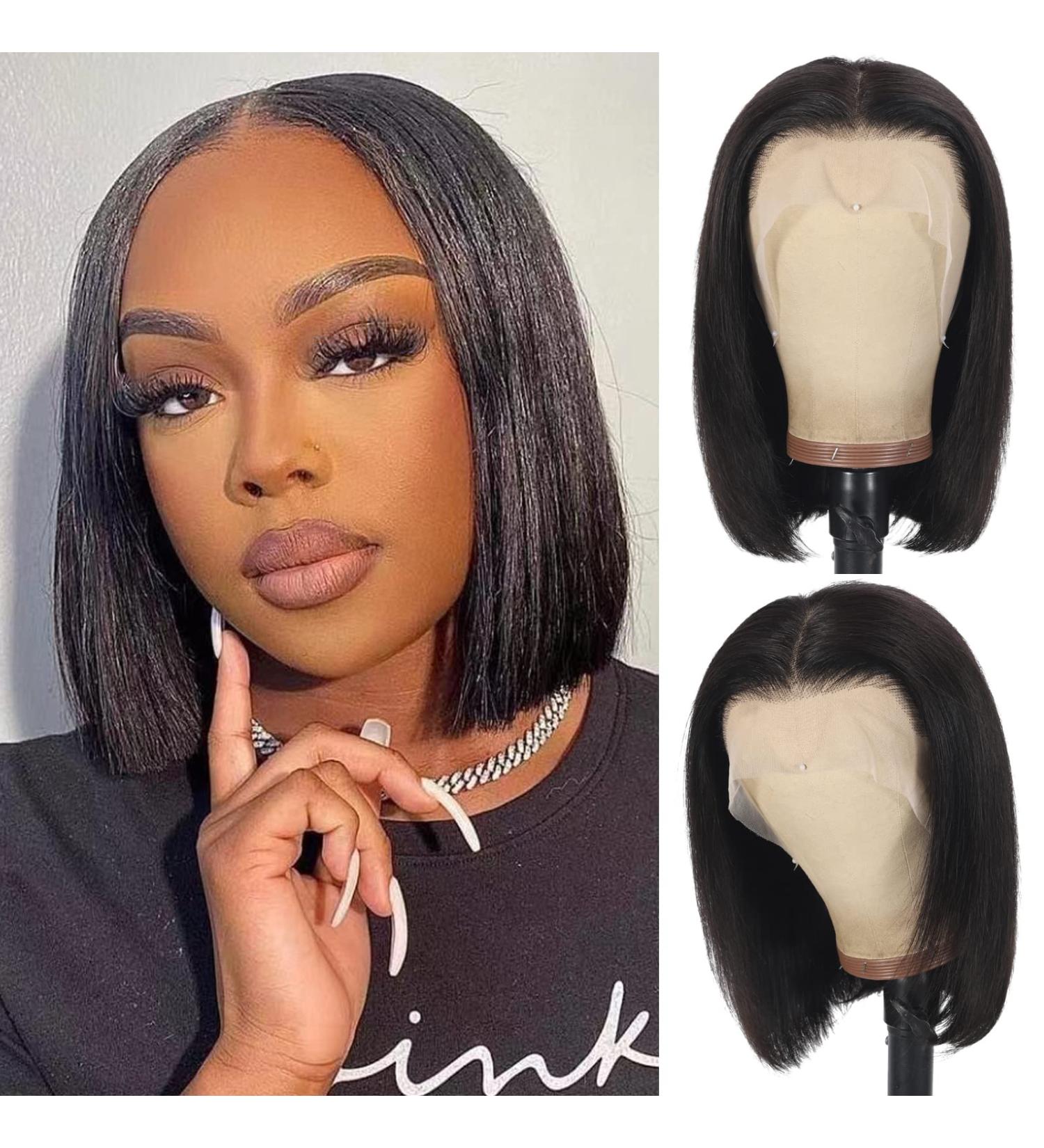 Shesbeauty 10 Inch Bob Wig Human Hair 13x4 Frontal Lace Wig for Women - 180% Density Bob Lace Front Wigs with Baby Hair - Pre Plucked Natural Black Color - Buy Online on GoSupps.com