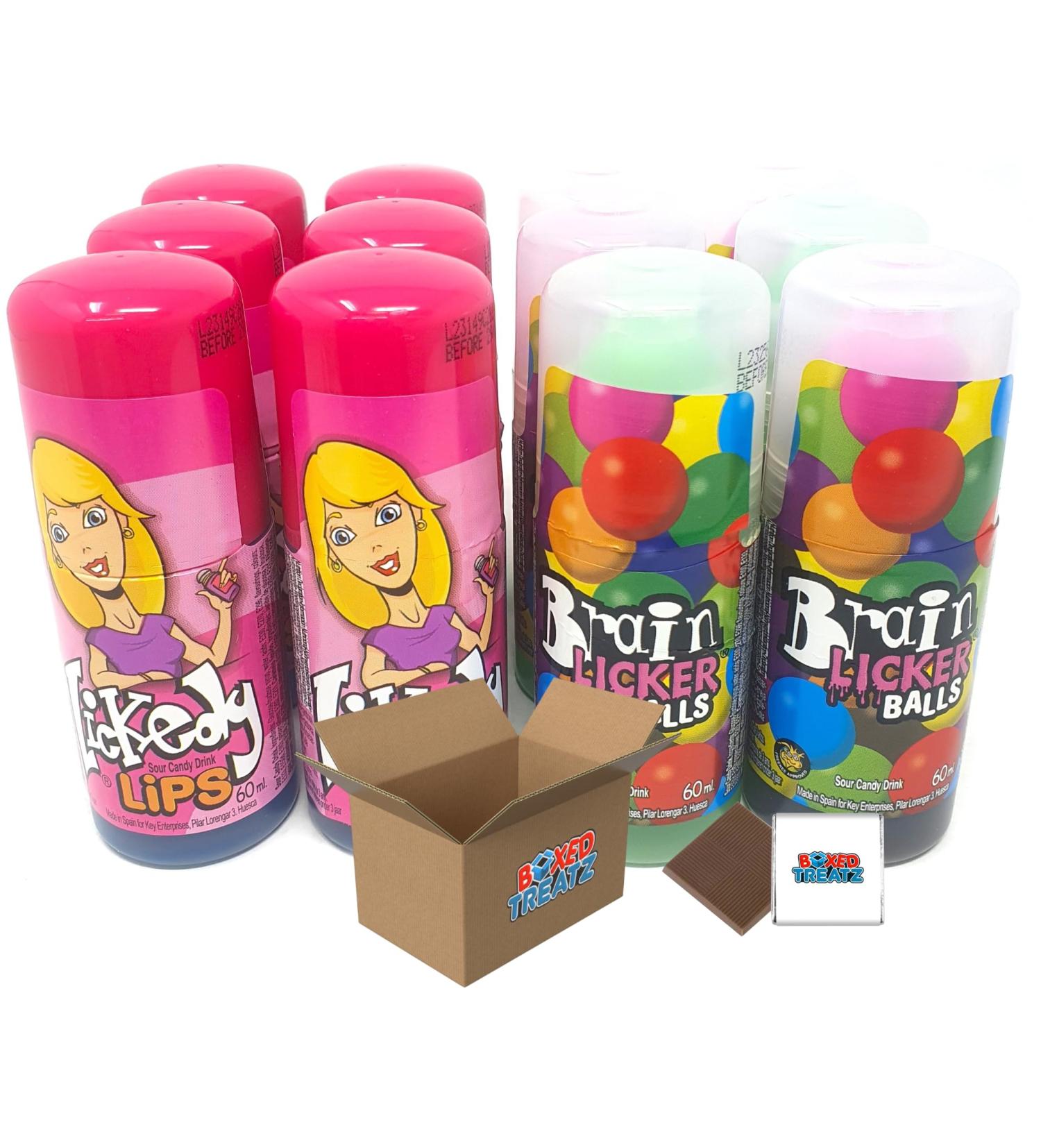 Sour Candy Drink Mix Bundle: Lickedy Lips Blue Raspberry/Cherry Pink (6x60ml) + Brain Licker Cherry Balls (6x60ml) Sour Candy Rollers - Boxed Treatz - Buy Online on GoSupps.com