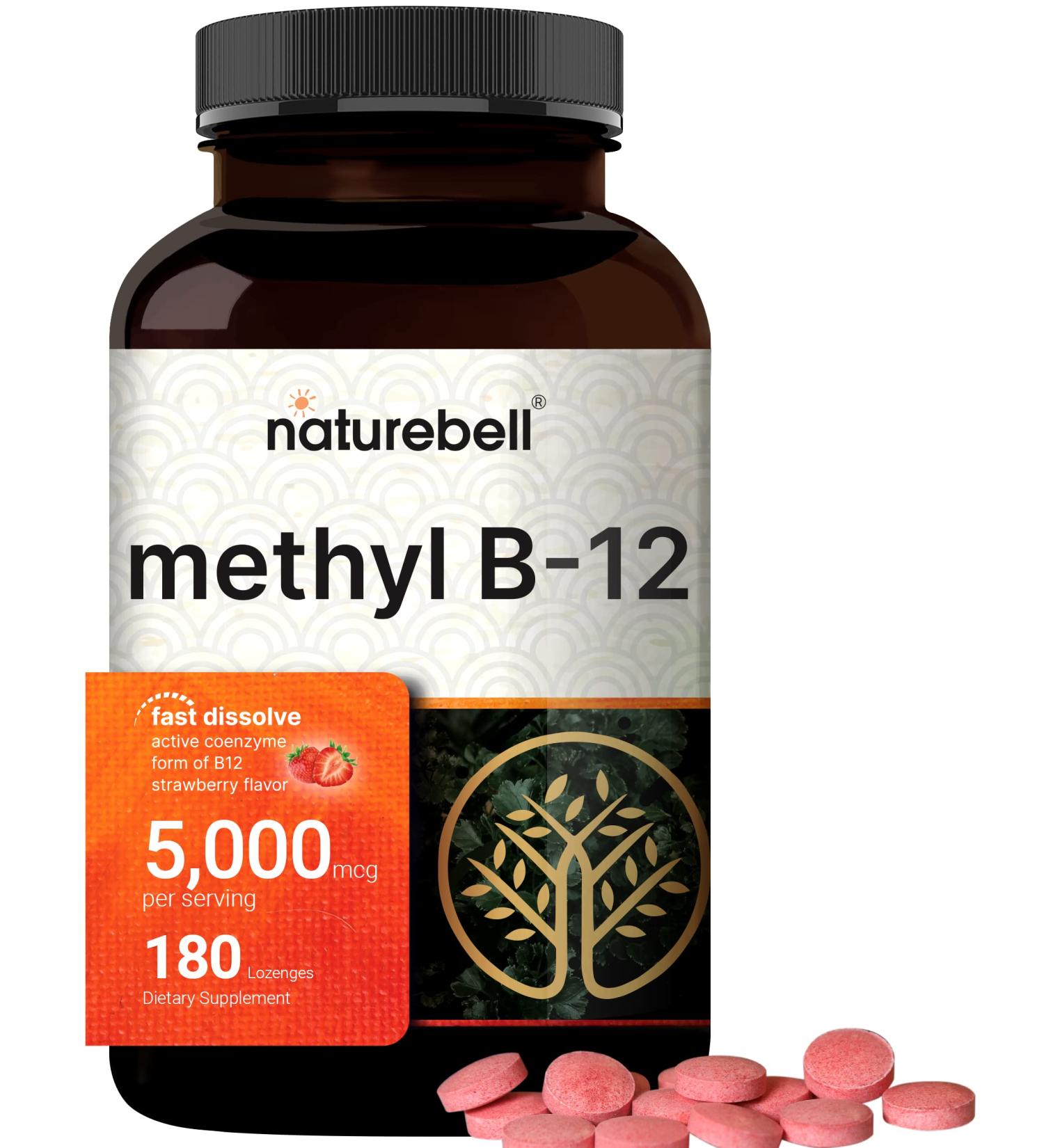 NatureBell Ultra Strength Vitamin B12 5000mcg 180 Lozenges | Fast Dissolve Methylcobalamin Chewable with Strawberry Flavor | Boosts Energy Metabolism | Vegan & Non-GMO - Buy Online on GoSupps.com