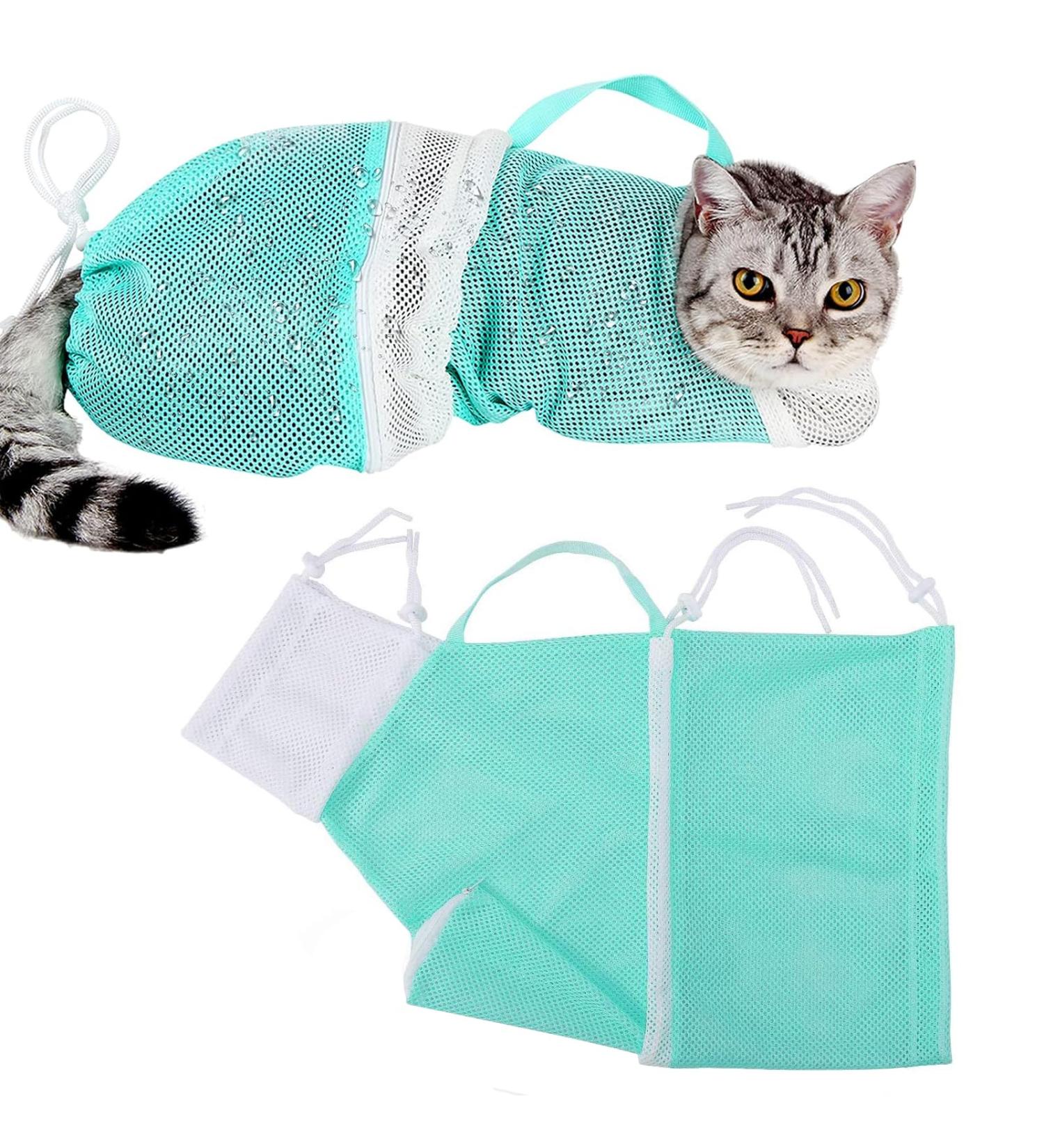 Yitaocity Adjustable Cat Bathing Bag Puppy Dog Pet Cleaning Shower Net Bag Anti-bite & Anti-Scratch Cat Bath Washing Restraint Bag Breathable Mesh Cat Grooming Bag (Green)