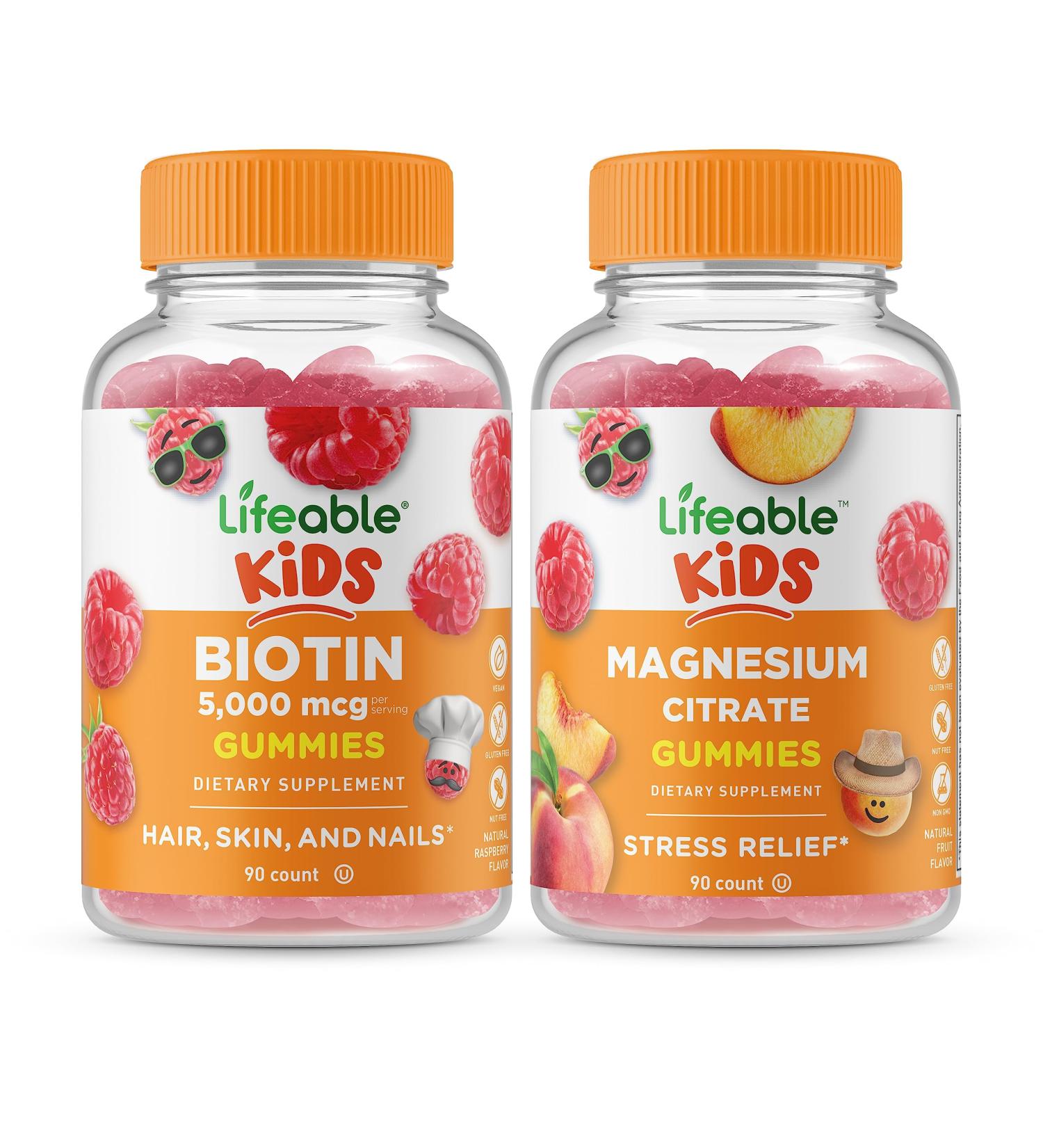 Lifeable Biotin Kids + Magnesium Citrate Kids Gummies Bundle - Great Tasting Vitamin Supplement Gluten Free GMO Free Chewable Gummy