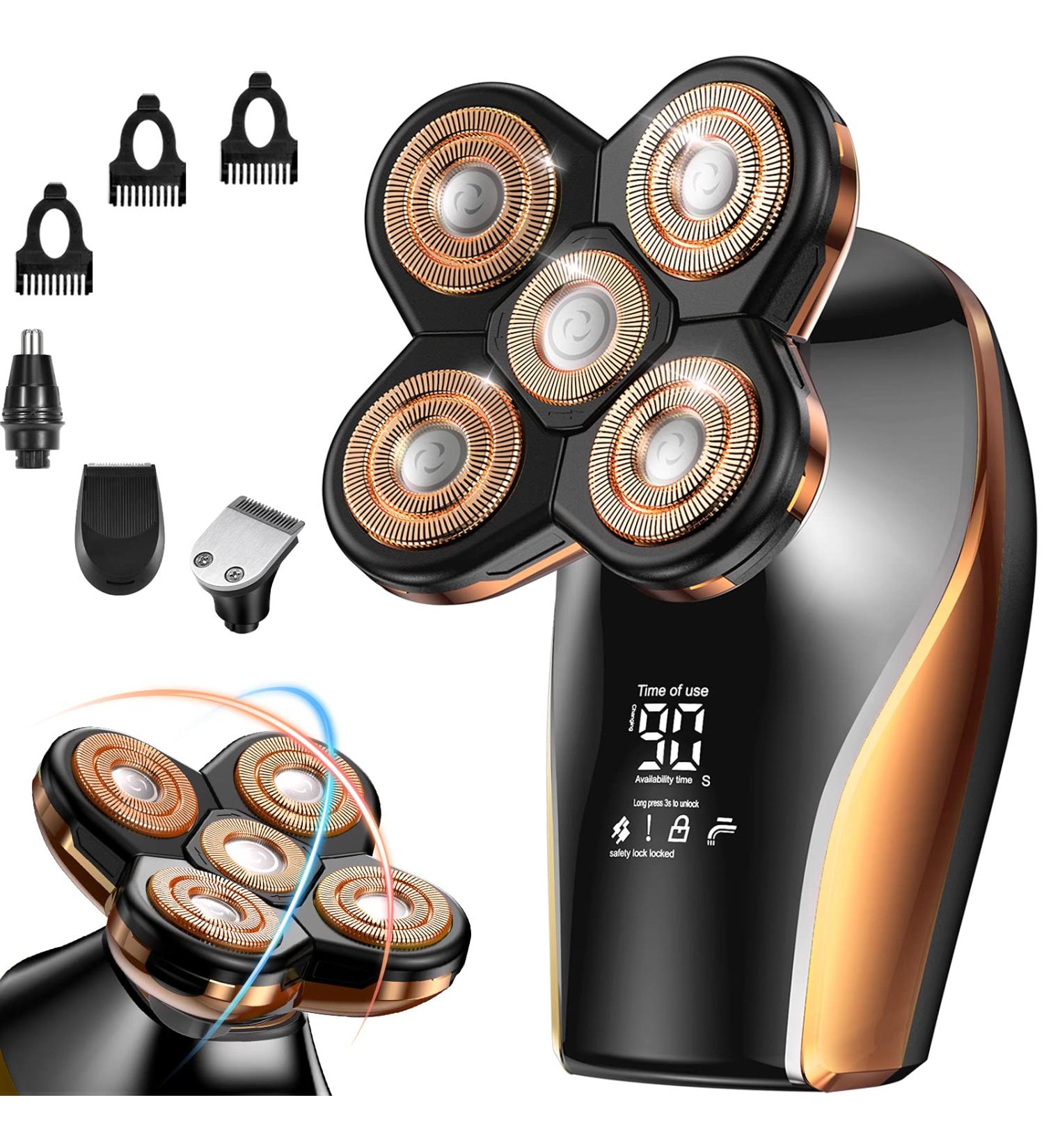 Bald Men's Waterproof Electric Head Shaver Kit - 5D Shaver with LED Display (Red Gold) - Buy Online on GoSupps.com