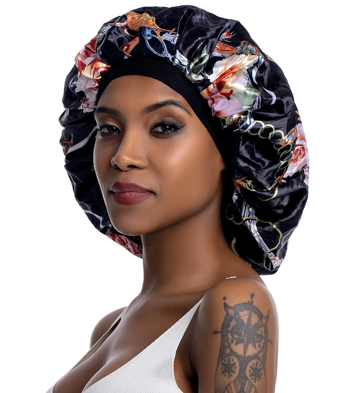 JarseHera Double-Layer Silk Bonnet for Black Women - Satin Bonnet for Curly Hair with Black-chain Flower - Buy Online on GoSupps.com