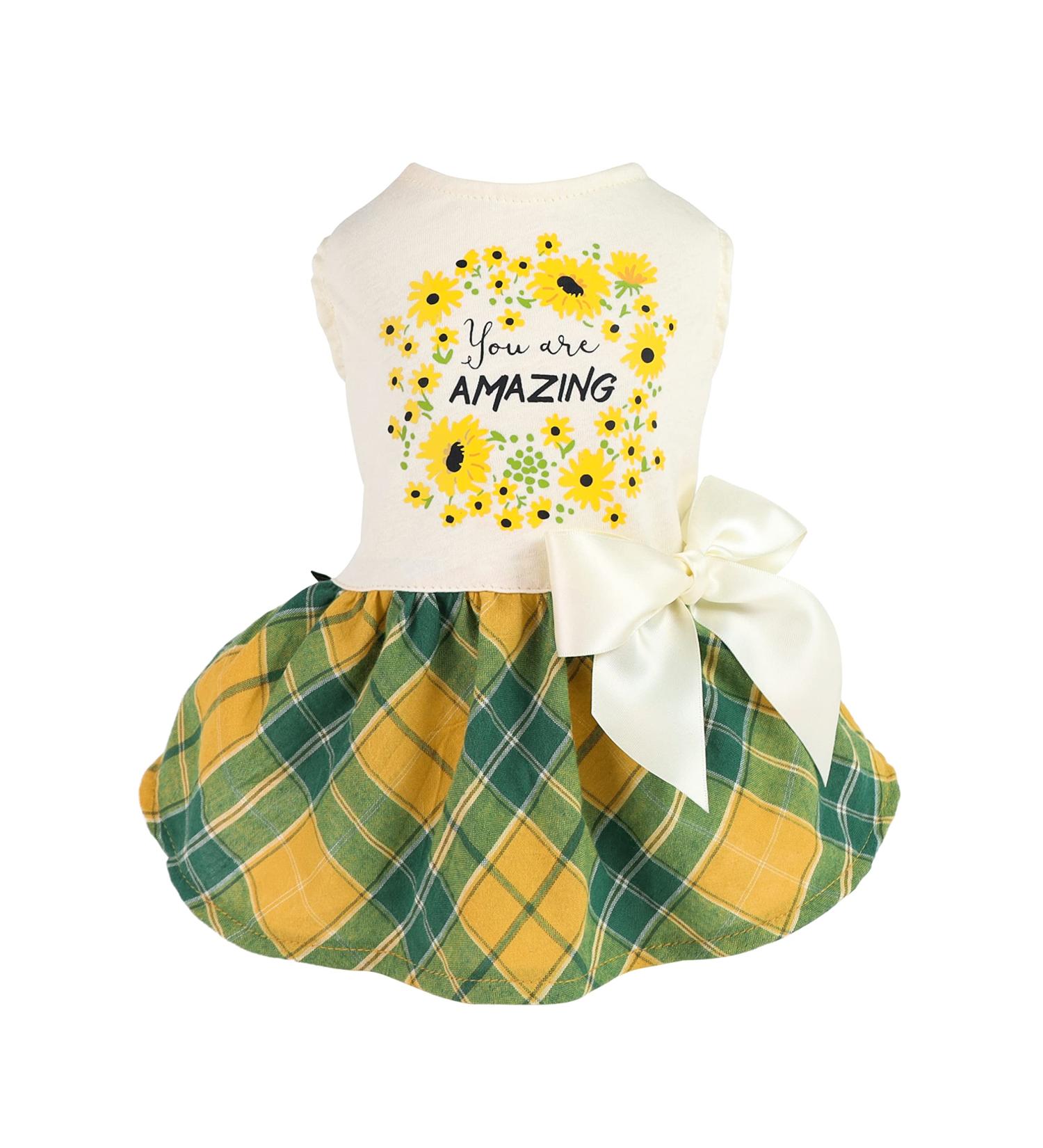 Fitwarm Amazing Floral Dog Dress for Small Dogs - Daisy Sleeveless Puppy Sundress in Green Yellow Plaid - Summer Cat Apparel - 100% Cotton - Buy Online on GoSupps.com