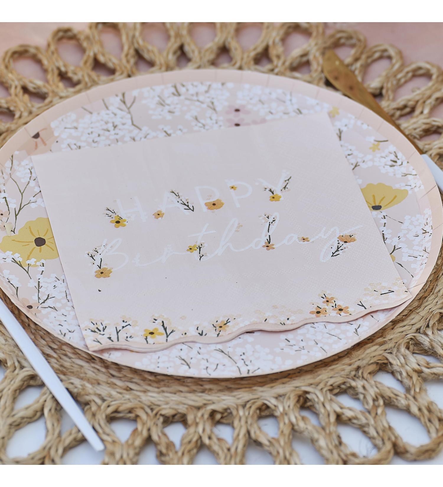 Ginger Ray Pink Floral Happy Birthday Napkins - Scalloped Party Tableware | 16 Pack for Perfect Celebrations - Buy Online on GoSupps.com