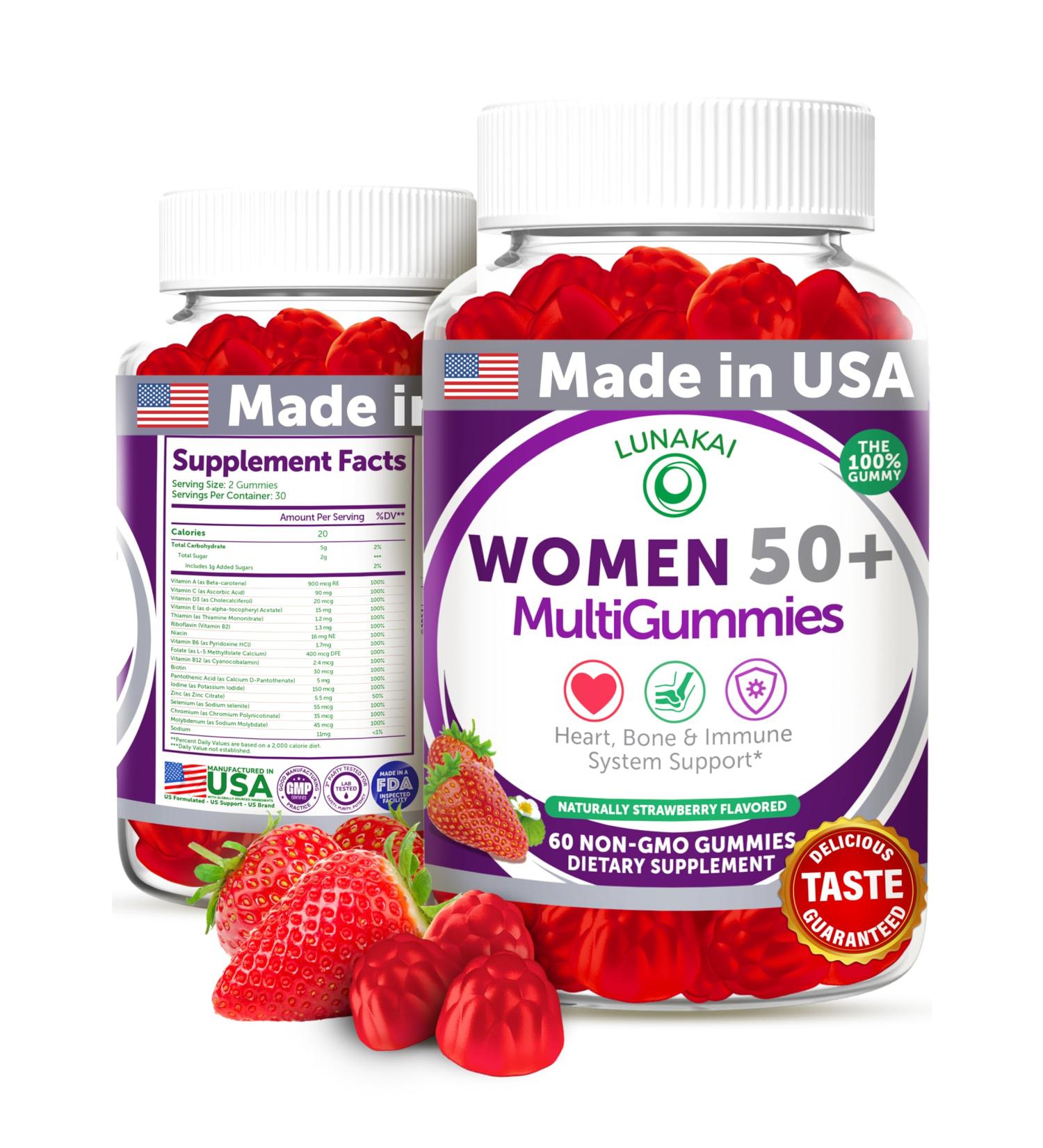 Lunakai USA Made 50 Plus Women's Multivitamin Gummies - Delicious Formula Enhanced with Essential Vitamins & Minerals for Health & Vitality - 60ct Single Bottle - Buy Online on GoSupps.com