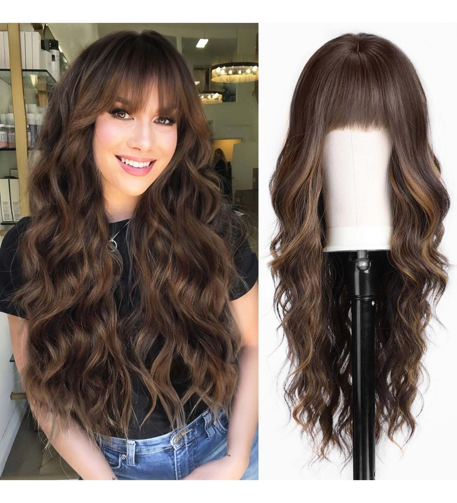 Haircube Brown Wig with Bangs - Wavy Curly Synthetic Wig for Women | Daily Party Wear in Brown & Blonde - Buy Online on GoSupps.com
