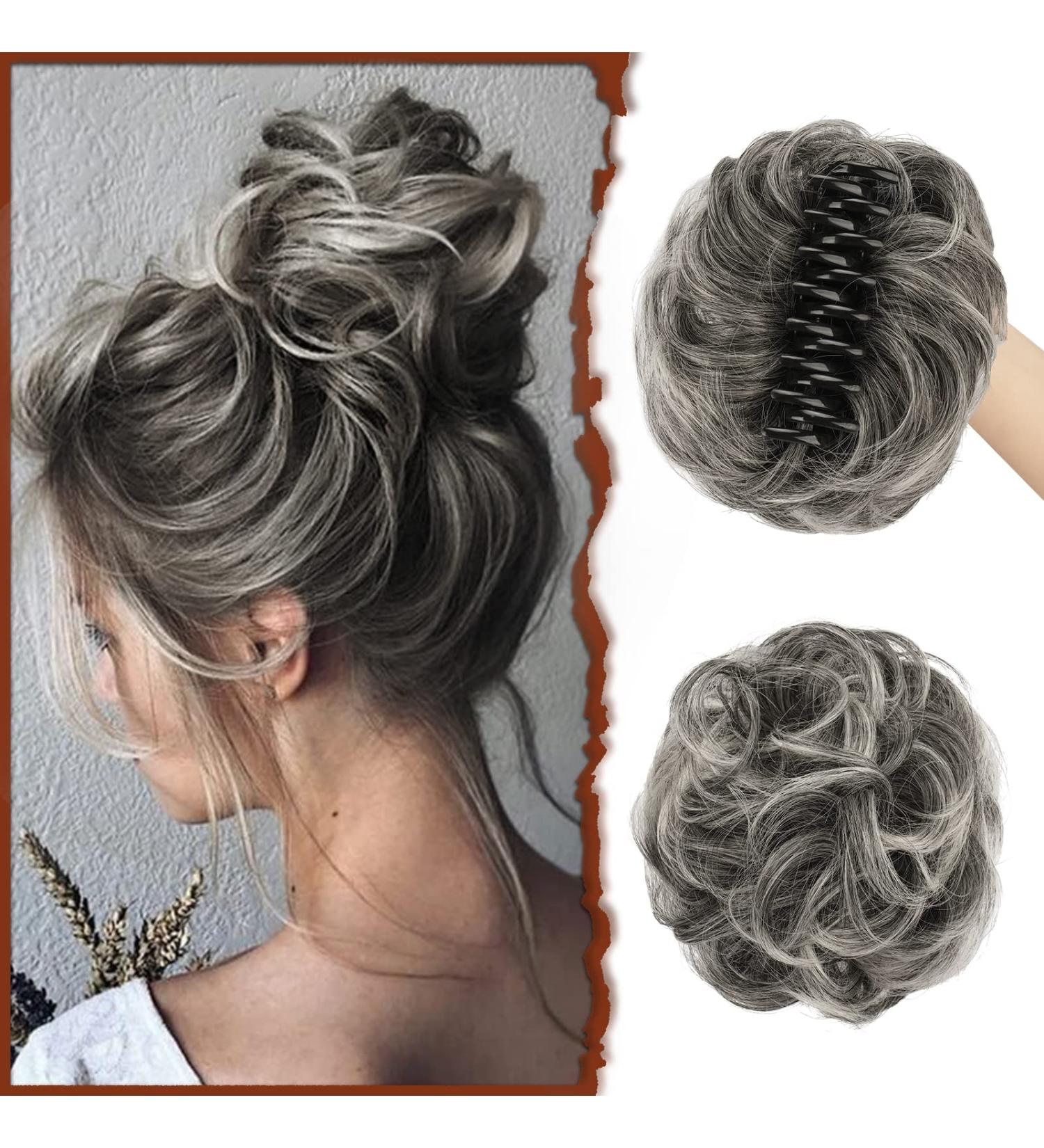 Sofeiyan Claw Clip Messy Bun Hair Piece | Wavy Curly Chignon Ponytail Hairpiece in Gray & White Tips - Women's Synthetic Tousled Updo Extensions - Buy Online on GoSupps.com