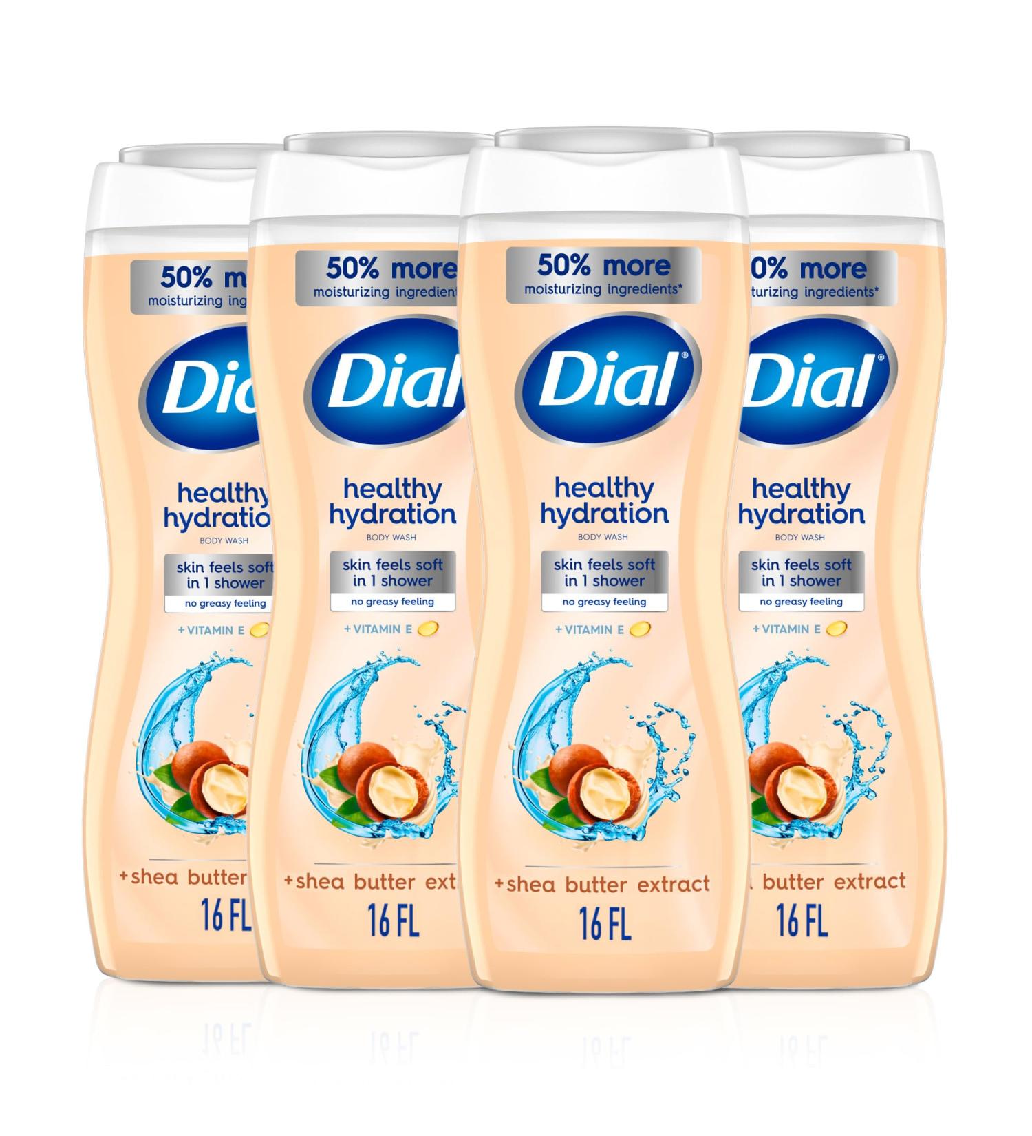 Dial Body Wash Healthy Hydration Shea Butter Extract + Vitamin E 16 fl oz (Pack of 4) Gentle Leaves Skin Feeling Soft In 1 Shower Dermatologist-Tested No Parabens & Silicones - Buy Online on GoSupps.com
