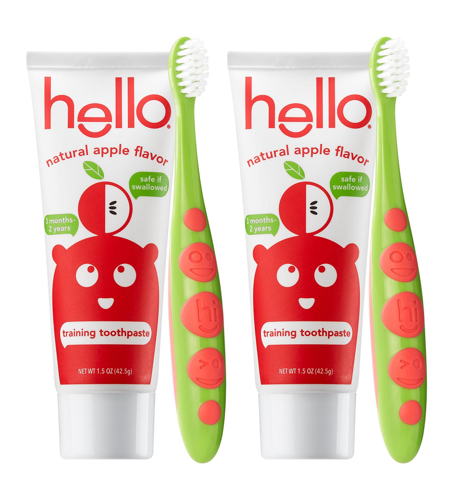 Hello Natural Apple Flavored Training Toothpaste & Toddler Bundle 2 Pack | Safe for Kids 2 Months to 3 Years | Vegan, SLS & Gluten Free | Includes 2 Pastes & 2 Brushes - Buy Online on GoSupps.com