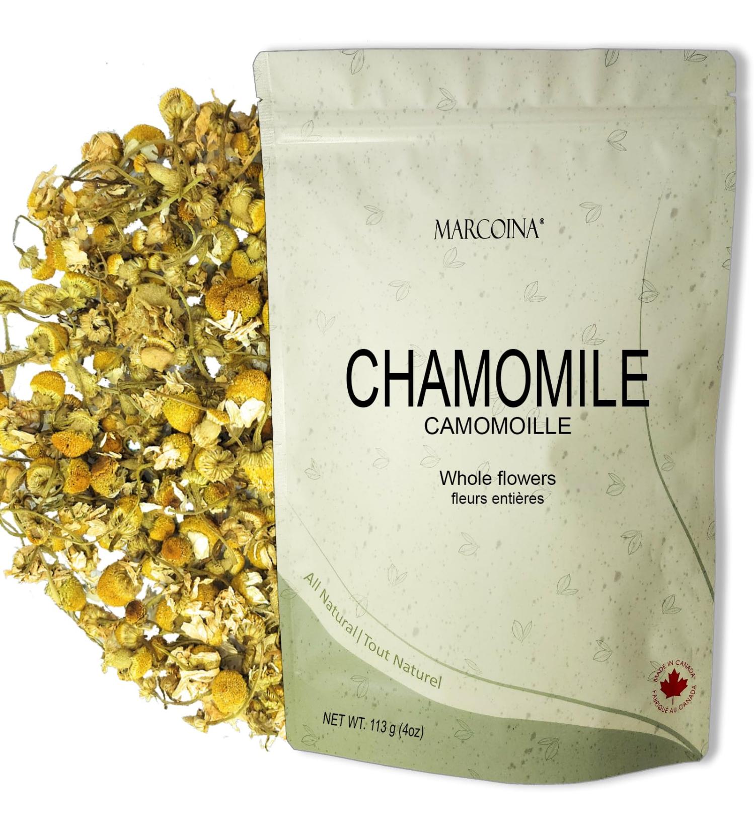 Pure Egyptian Chamomile Flowers Herbal Loose Tea by Marcoina - Whole Flower 113g in Resealable bag Caffeine-Free from Egypt - Perfect for Hot Brews - Known as Matricaria recutita - 4oz. Chamomile Egyptian Flower Whole 113 g (Pack of 1) - Buy Online on GoSupps.com