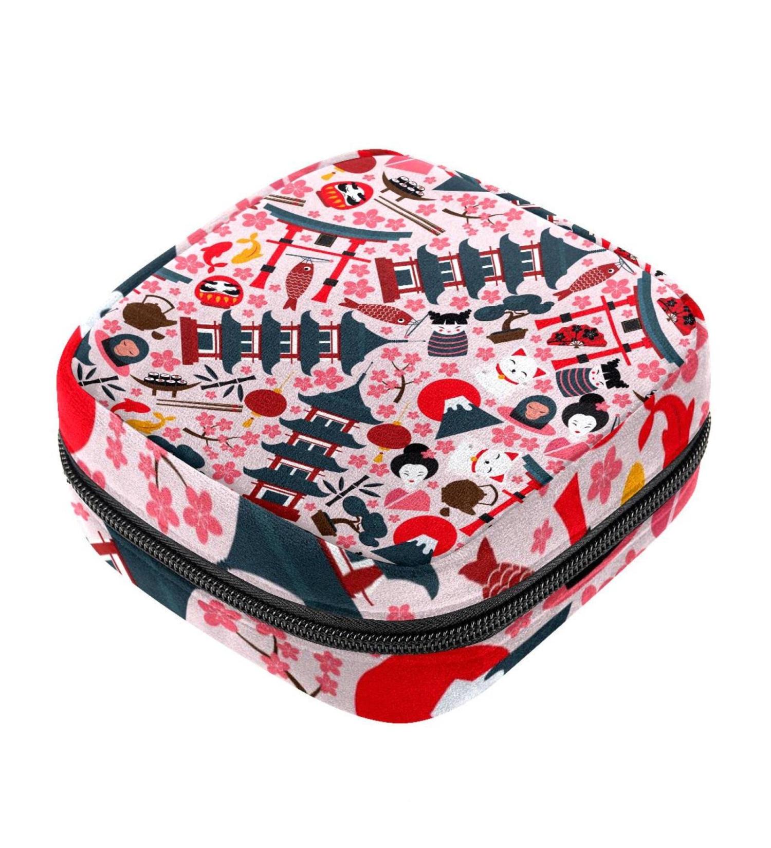 Japan Pagoda Torii Gate Mount Fuji Sanitary Napkin Storage - Portable Periodasche for Women & Teens | Colorful Sushi Dada Pattern - Buy Online on GoSupps.com