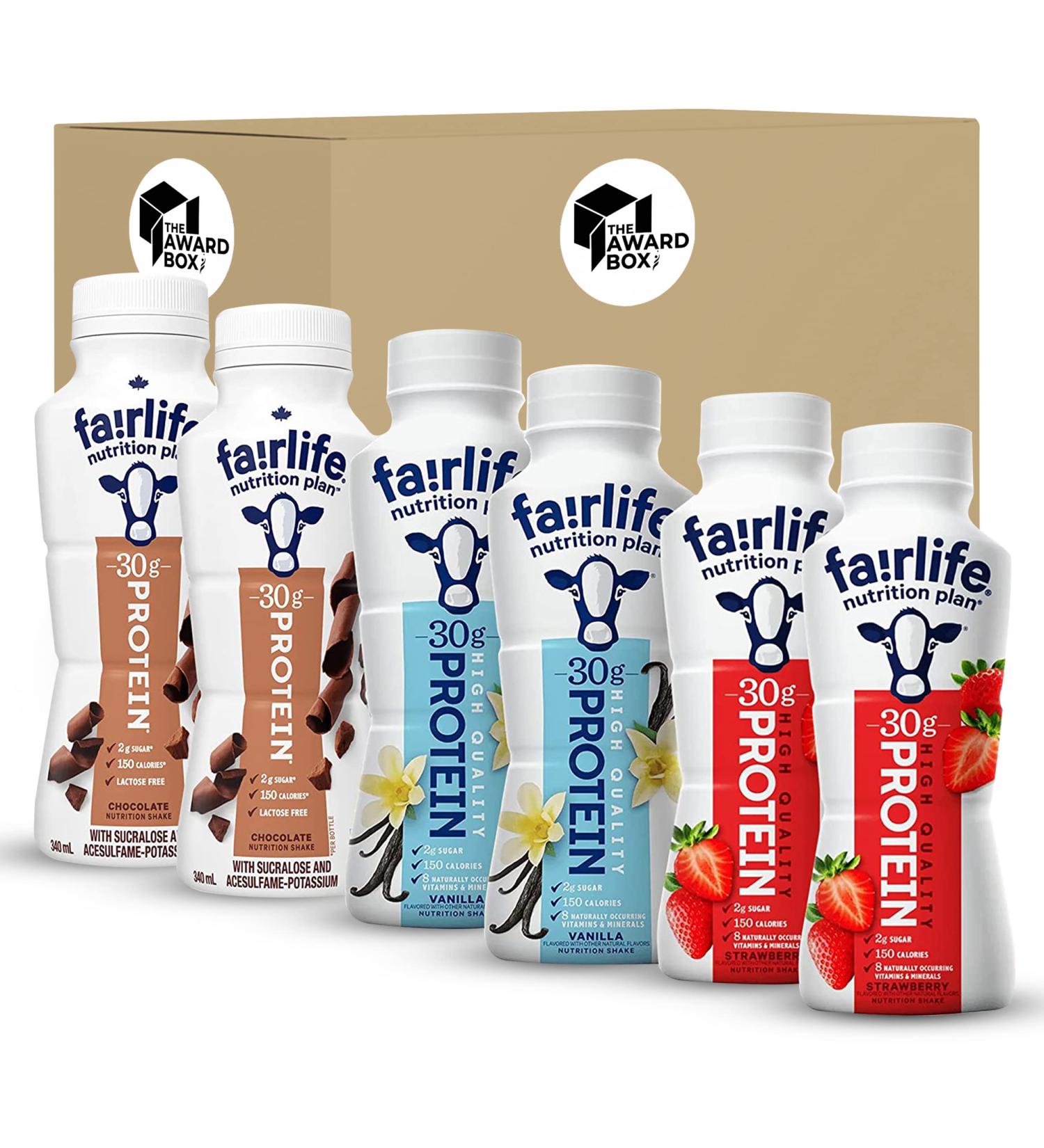 High Protein Shake Drinks Fairlife Nutrition Plan 30g Variety Pack Trial Sampler 6 Pack 2 of each Chocolate Vanilla Strawberry Each Bottle is 11.5 Ounces in The Award Box Packaging - Buy Online on GoSupps.com