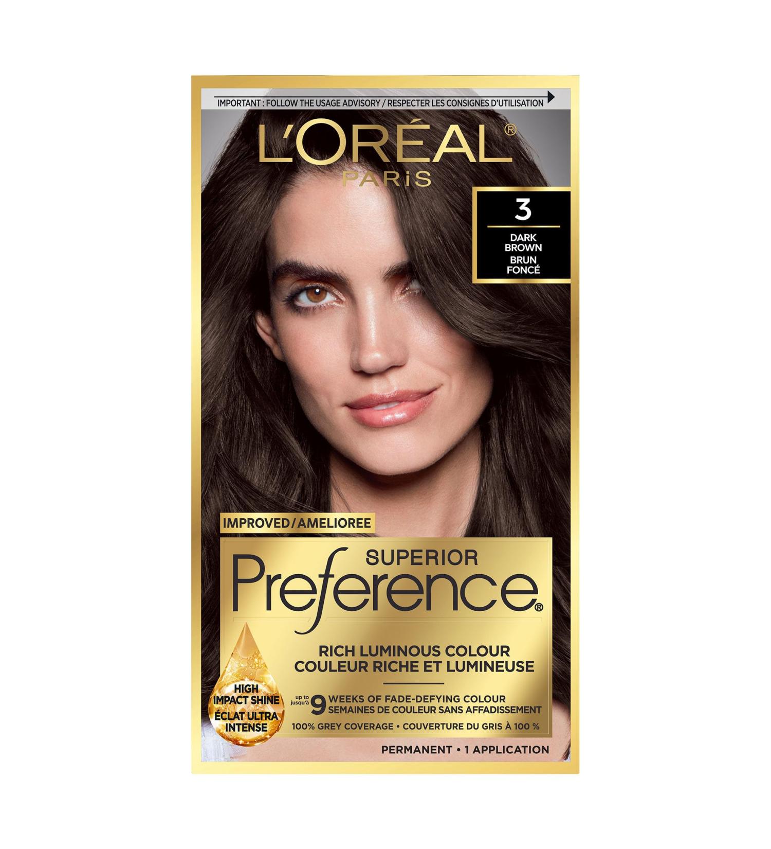 L'Oreal Paris Superior Preference 9 weeks of Luminous Fade-Defying Permanent Hair Dye 3 Dark Brown 100% Grey Coverage 1 Hair Dye Kit (Packaging May Vary) 3 Piece Set Dark Brown - Buy Online on GoSupps.com