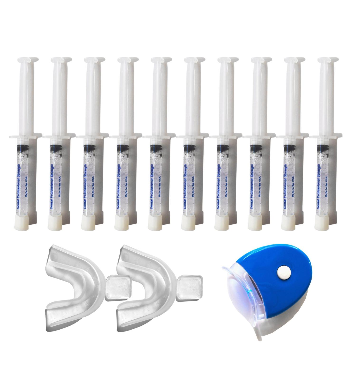 10 syringes of Non-peroxide teeth whitening gel and a LED Light to speed up the chemical reaction of the gel.