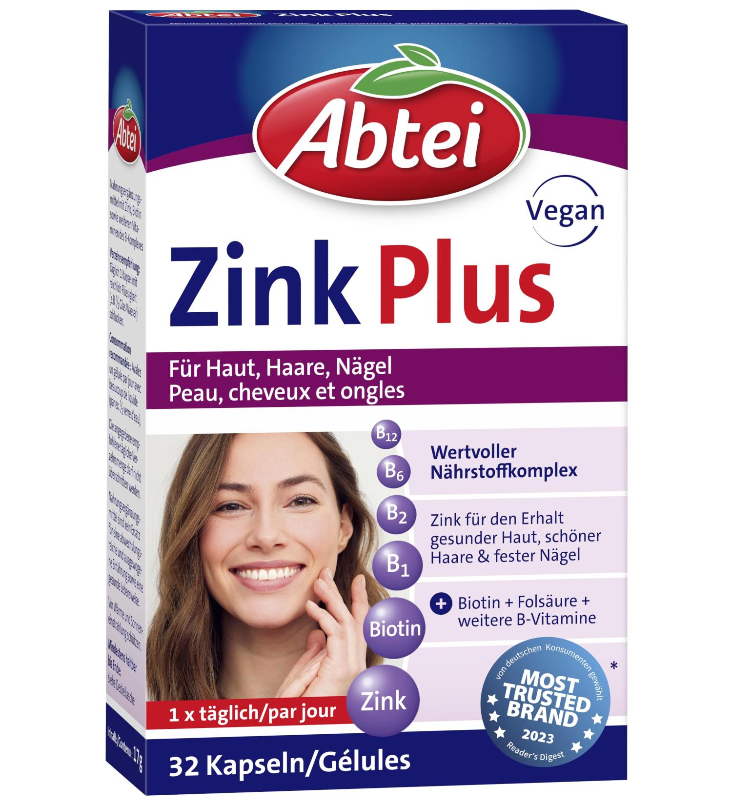 Abbey Zinc Plus - Nutrient for Healthy Skin Strong Hair & Nails | Biotin & Folic Acid | 32 Capsules - Buy Online on GoSupps.com