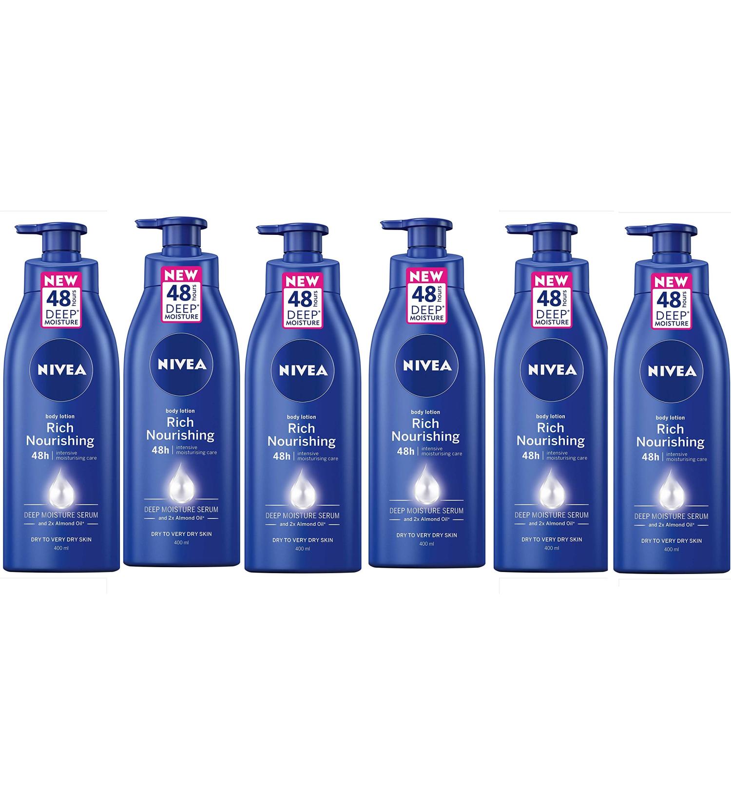 Nivea Rich Nourishing Body Lotion 6 Pack (6 x 400 ml) - 48h Intensive Moisture Cream with Almond Oil | Creamy Hydrating Formula for Deep Skin Care - Buy Online on GoSupps.com