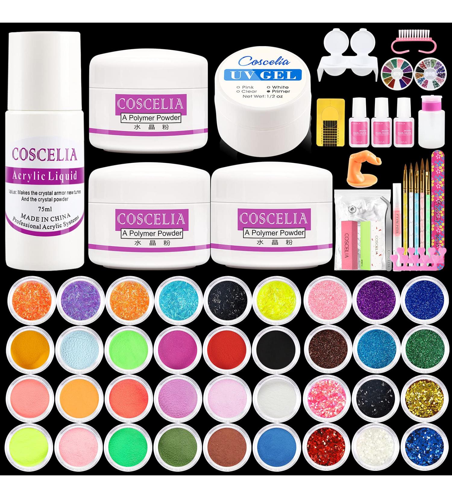 COSCELIA Acrylic Nail Kit: 36 Glitter Colors Powder, Liquid Monomer Set, Nail Brushes, Tips, Rhinestones, Manicure Tools - Acrylic Nail Starter Set - Buy Online on GoSupps.com