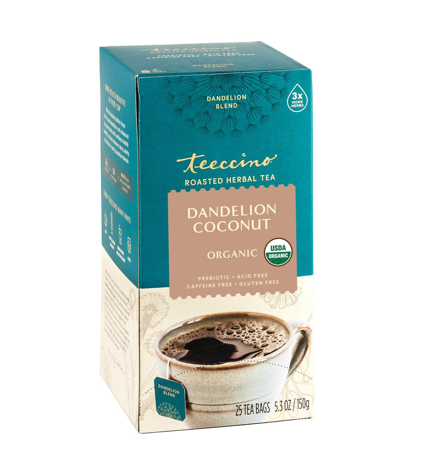 Teeccino Dandelion Coconut Herbal Tea | Caffeine-Free & Prebiotic | Detoxifying Dandelion Root | 25 Tea Bags | 25 Count Pack - Buy Online on GoSupps.com