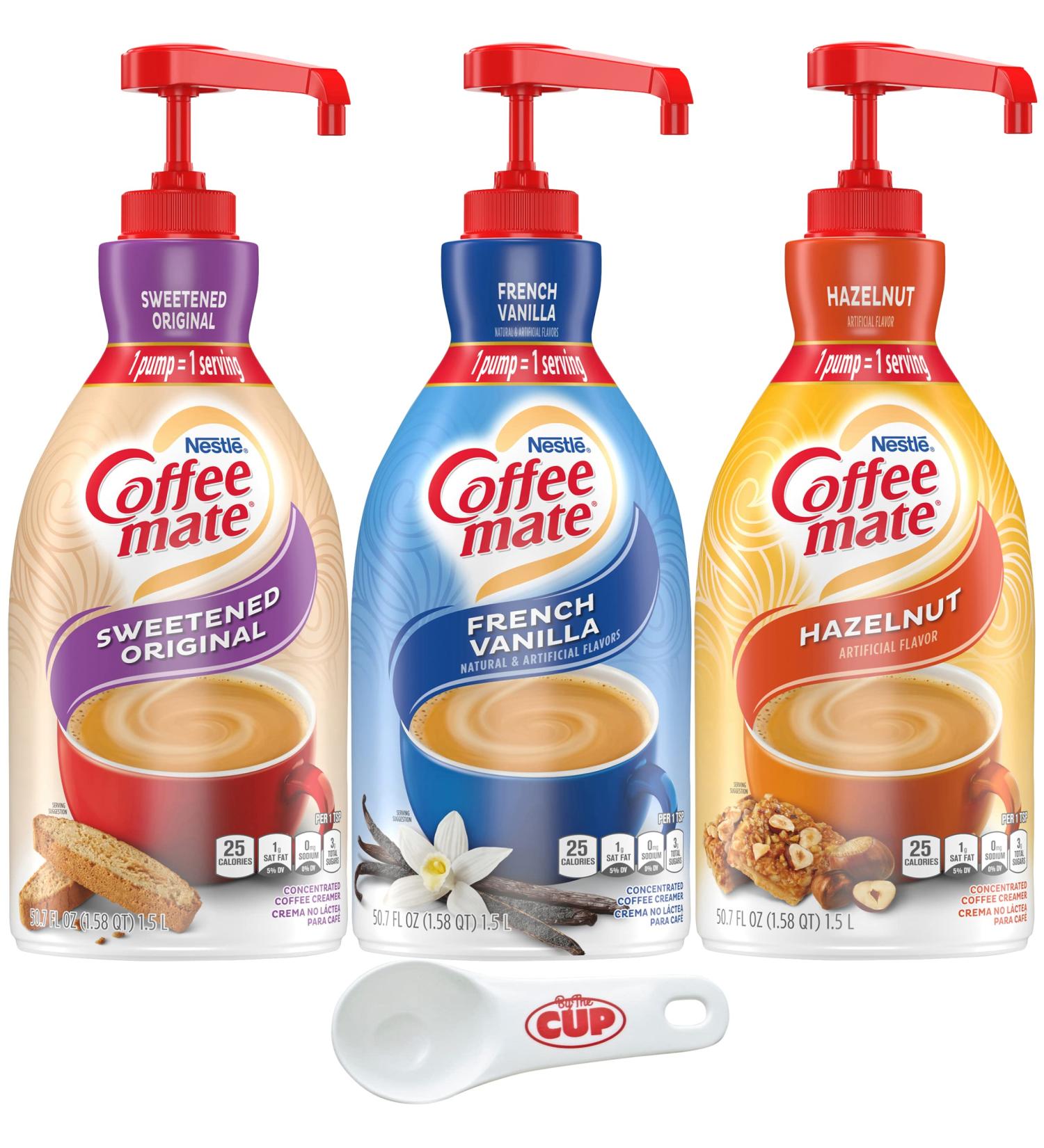 Coffee mate Liquid Concentrate 1.5 Liter Pump Bottles Variety Pack (Pack of 3) - Sweetened Original, French Vanilla, Hazelnut - With By The Cup Coffee Scoop | 3 Flavors - Buy Online on GoSupps.com