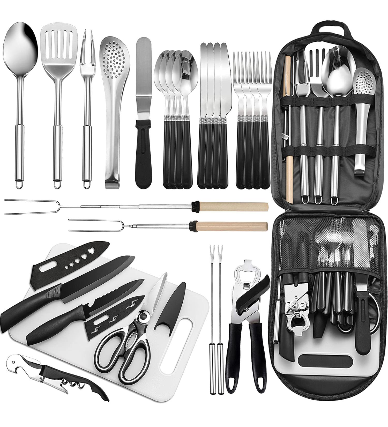 27 Piece Stainless Steel Portable Camping Kitchen Utensil Set - Outdoor Cooking Organizer for Travel, Picnics, BBQs - Black - Buy Online on GoSupps.com