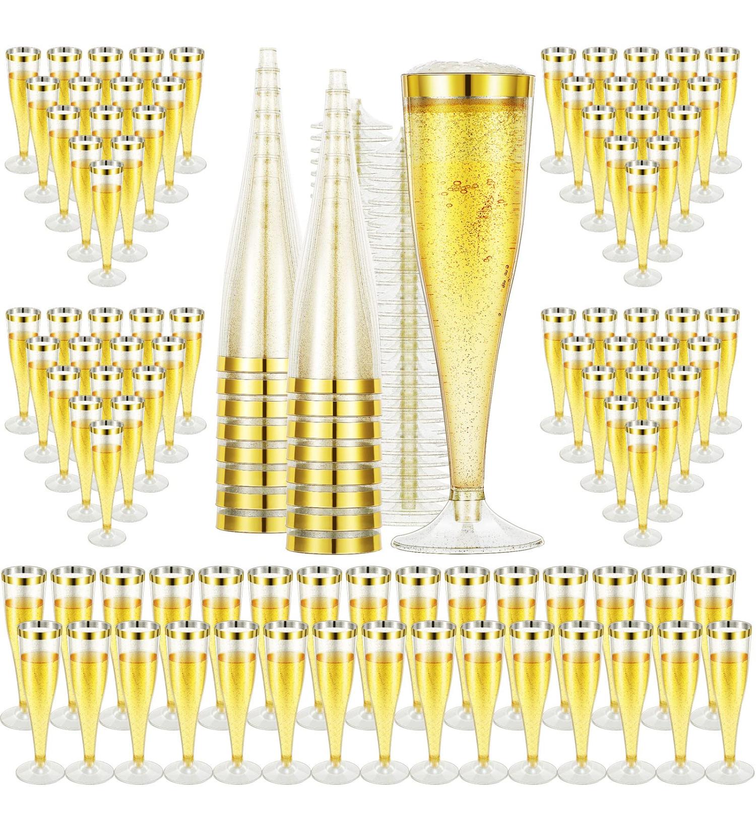 100 Pcs 5oz Gold Glitter Disposable Champagne Flutes - Wedding Party Supplies - Buy Online on GoSupps.com