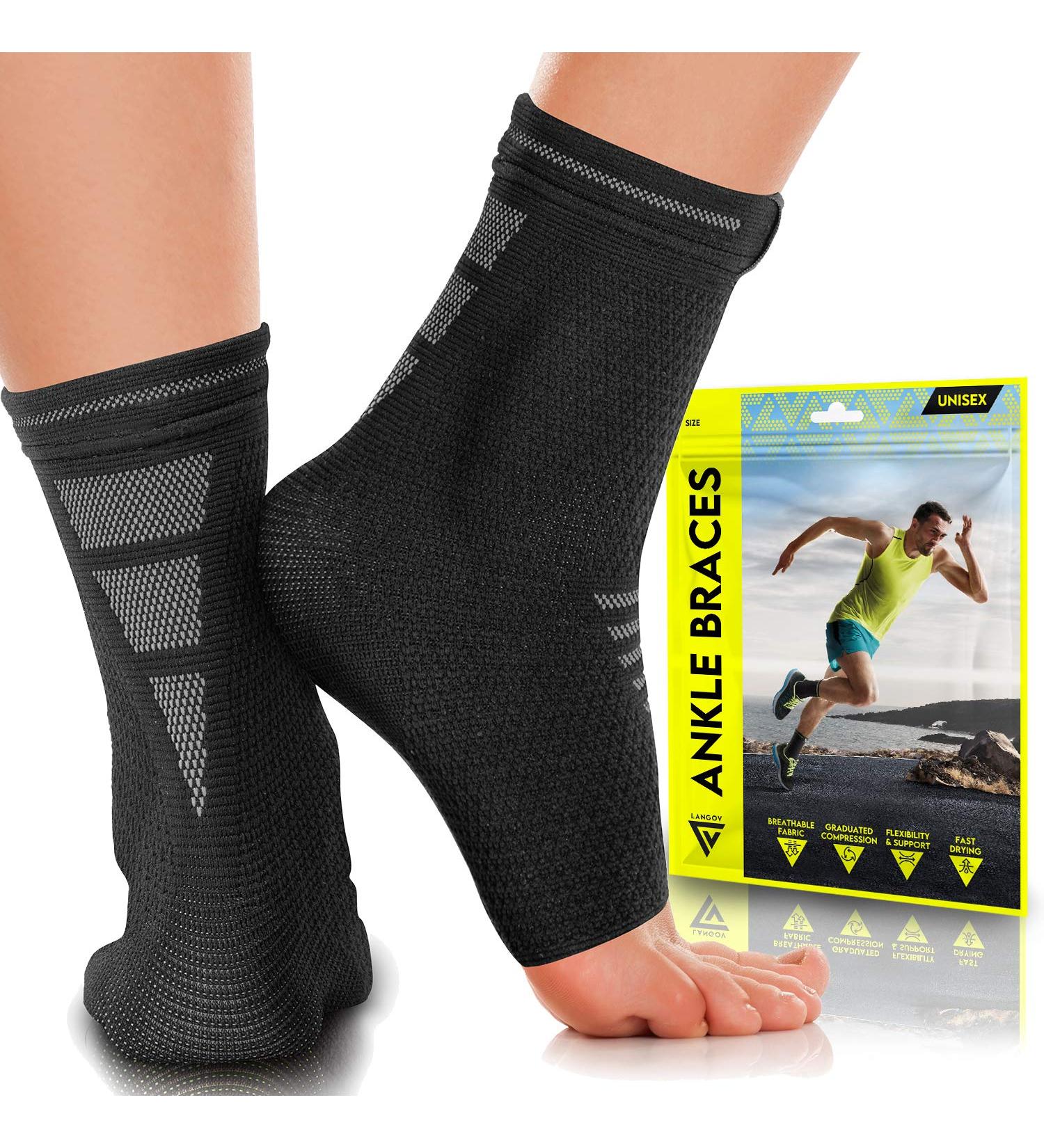 LANGOVTM Ankle Brace Support for Men & Women (Pair) - Compression Sleeve Socks for Achilles Tendonitis & Injury Recovery - Gray, Large - Buy Online on GoSupps.com