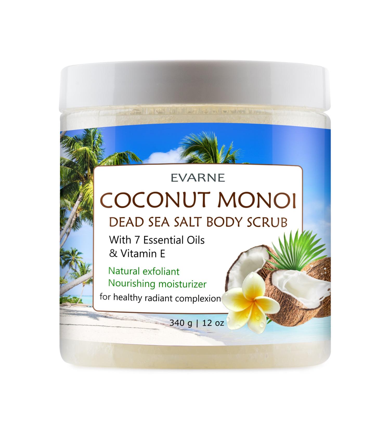 Coconut Monoi Dead Sea Salt Body Scrub - Exfoliating with 7 Essential Oils & Vitamin E for Glowing Skin - Buy Internationally - Buy Online on GoSupps.com