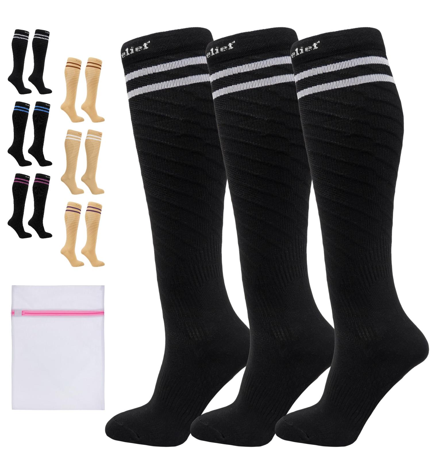 360 RELIEF - Flight Compression Socks Supports | Blood Circulation Travel Work XXL 3Pairs-Black with 2 White lines - Buy Online on GoSupps.com