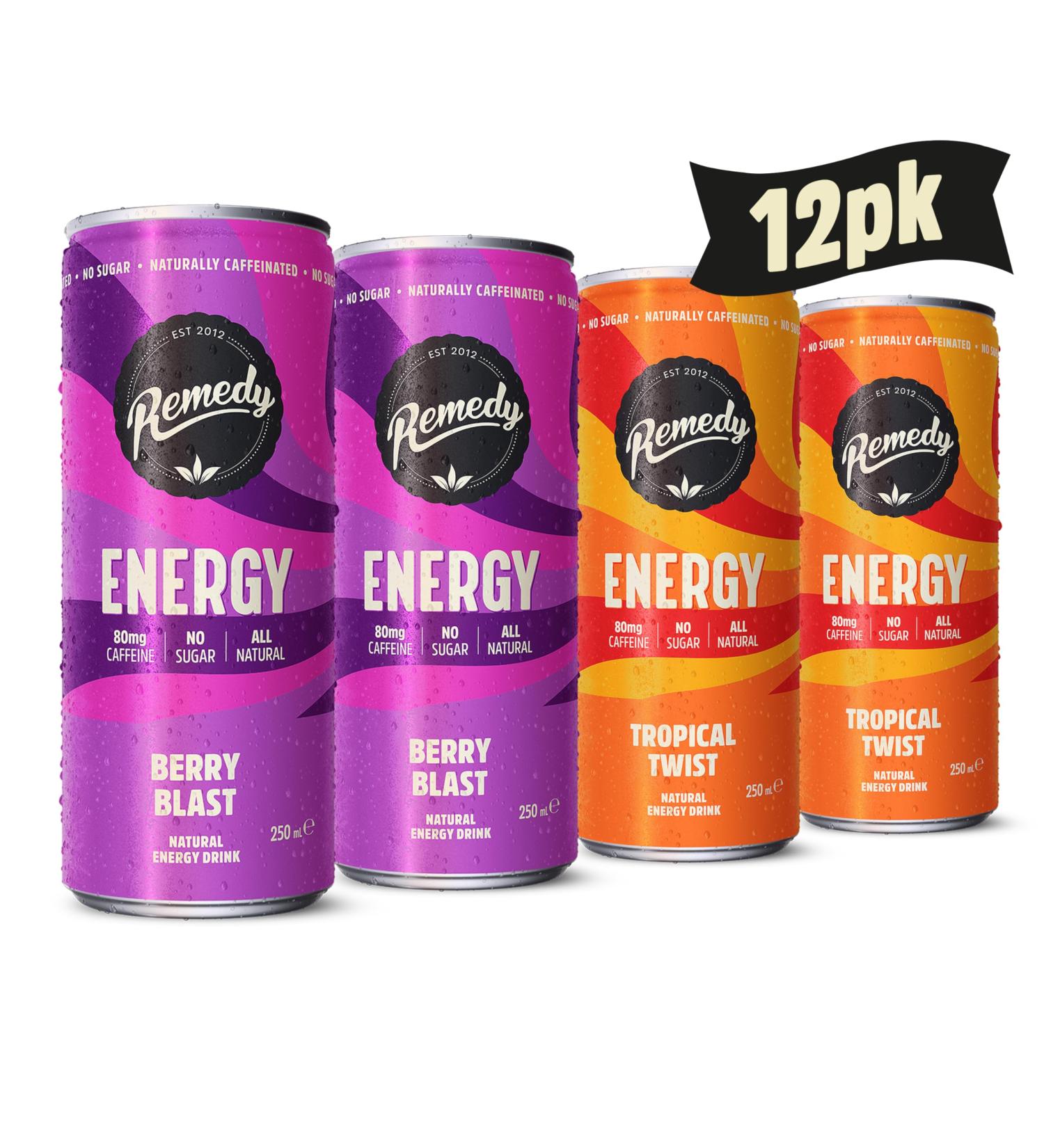 Remedy Natural Energy Drink - Tropical Twist & Berry Blast Mixed Pack - Natural Caffeine - Sugar Free & Low Calorie - Kombucha Energy Drink with Probiotics for Gut Health - 12 x 250ml Energy (Berry & Tropical) 12x250ml - Buy Online on GoSupps.com