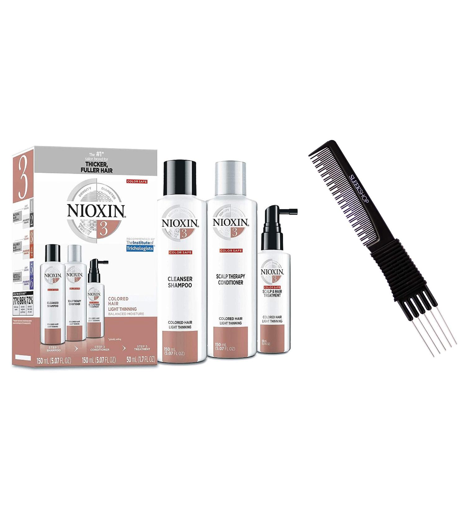 fragile hair NlOXlN System 1 LARGE STARTER KIT for Natural Hair & Light Thinning 3-piece TRIO Kit (w/ Sleek Premium Carbon Teasing Comb) Boost Fine Hair (System 3 TRIAL KIT (5 oz + 5 oz + 1.7 oz))