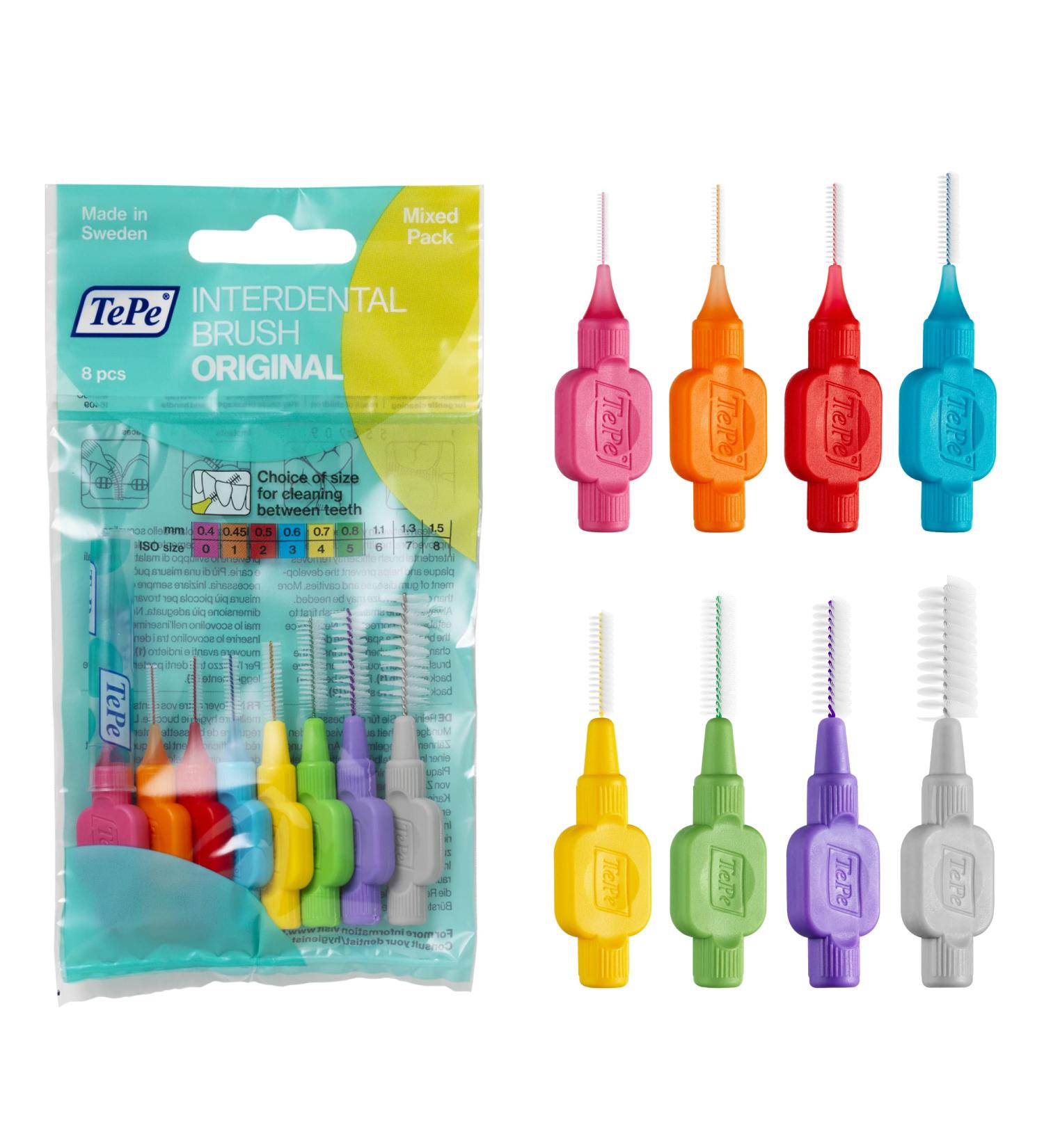 TePe Original Interdental Brushes - Mixed Pack 0.4-1.3mm | Size 0-7 | 8 Count (Pack of 1) - Buy Online on GoSupps.com