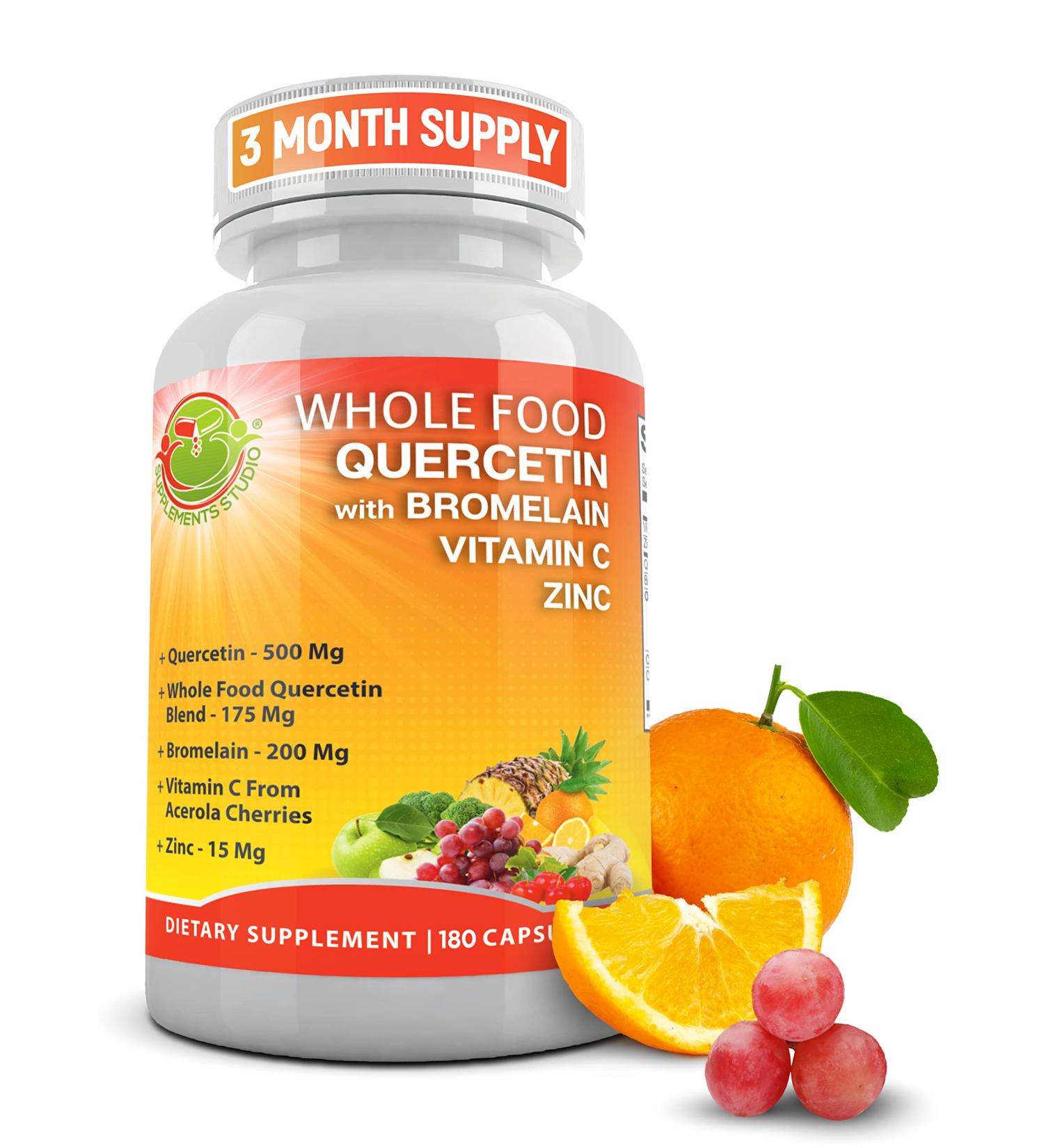 Quercetin 500mg with Bromelain, Zinc, Vitamin C - Immune Support Supplement with Organic Wholefoods Blend - 3 Month Supply 180ct - Buy Online on GoSupps.com