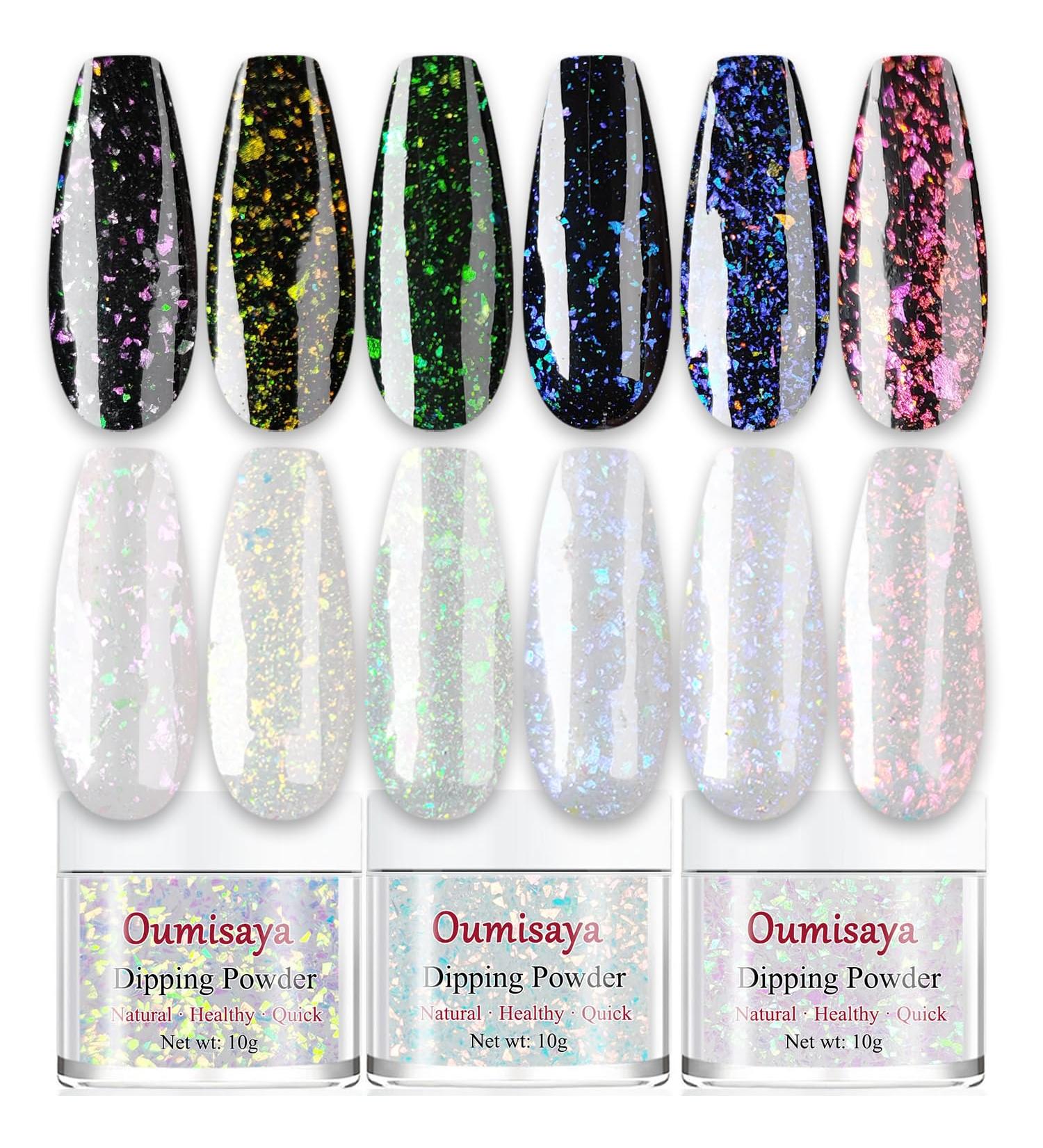 Sparkle Holographic Clear Glitter Nail Dip Powder Starter Kit - 6 Colors Opal Foils Easy for Beginners - Perfect Top Coat for Black Nail Art | SG062 - Buy Online on GoSupps.com
