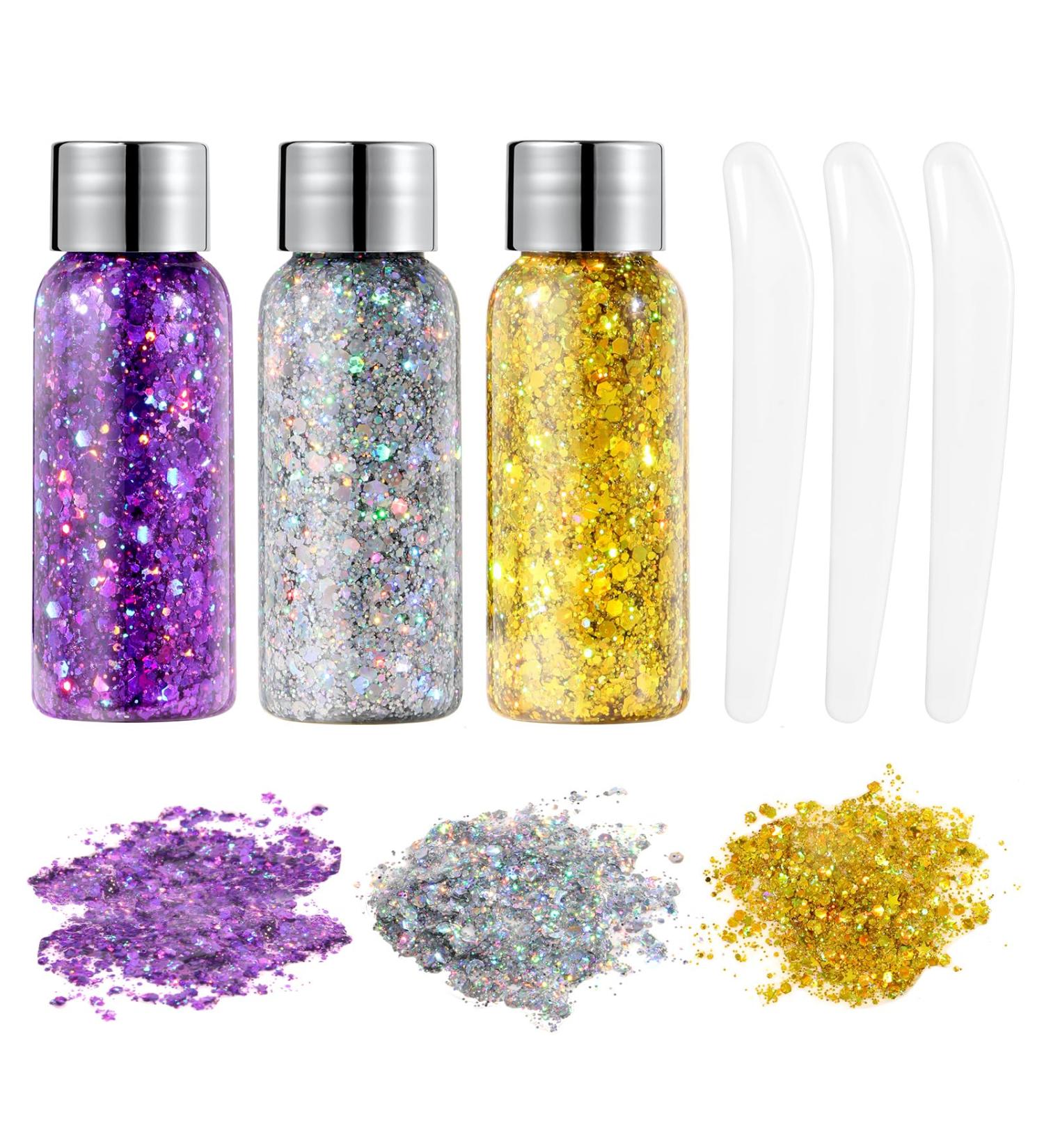 URAQT Body Glitter Gel 3Pcs - Holographic Mermaid Sequins Chunky Glitter Set - Sparkling Glitter for Face, Body & Hair - Silver, Gold, Purple - Buy Online on GoSupps.com