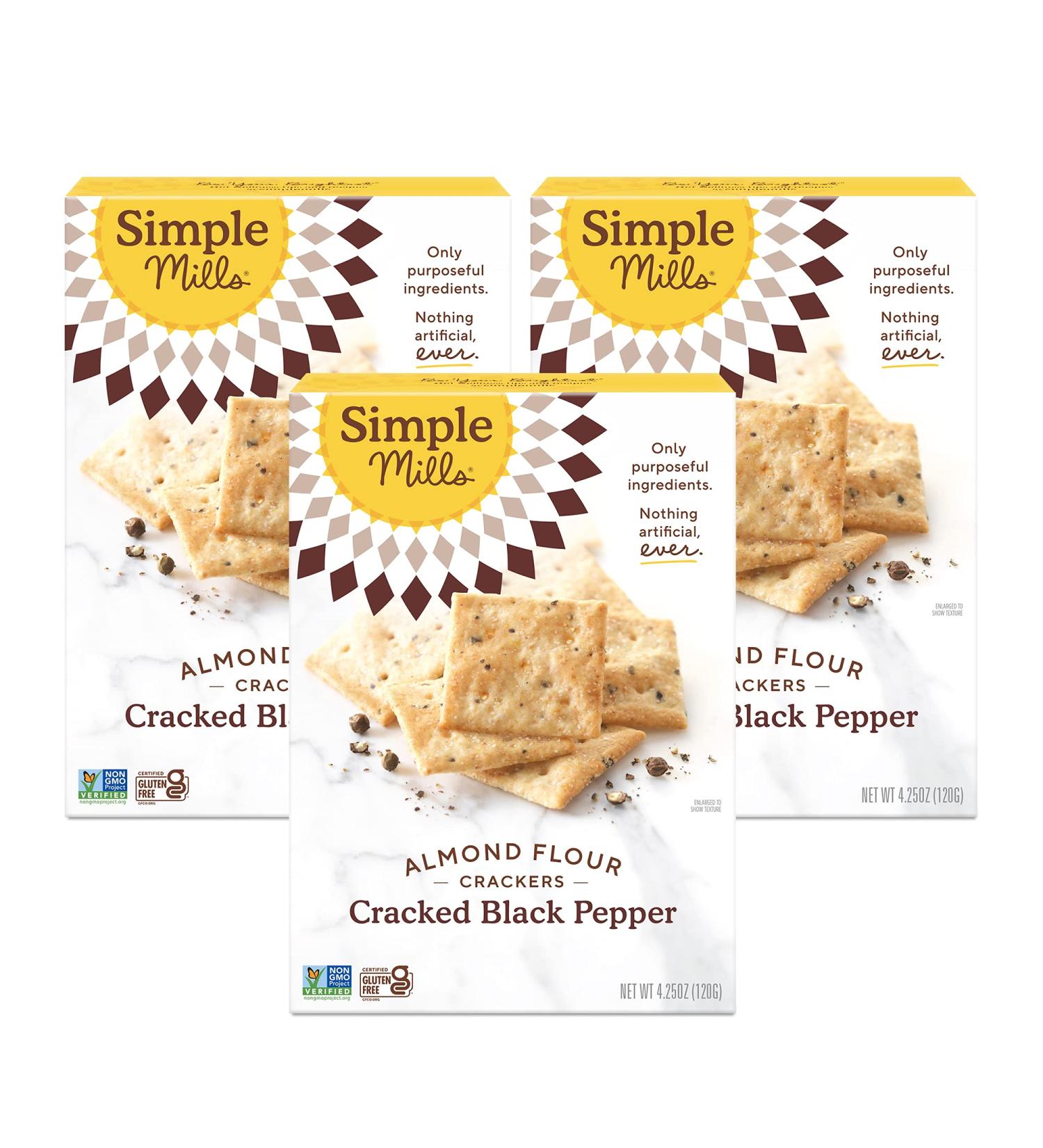 Simple Mills Almond Flour Crackers Black Cracked Pepper - Gluten Free Vegan Healthy Snacks - 4.25oz (Pack of 3) - Buy Online on GoSupps.com