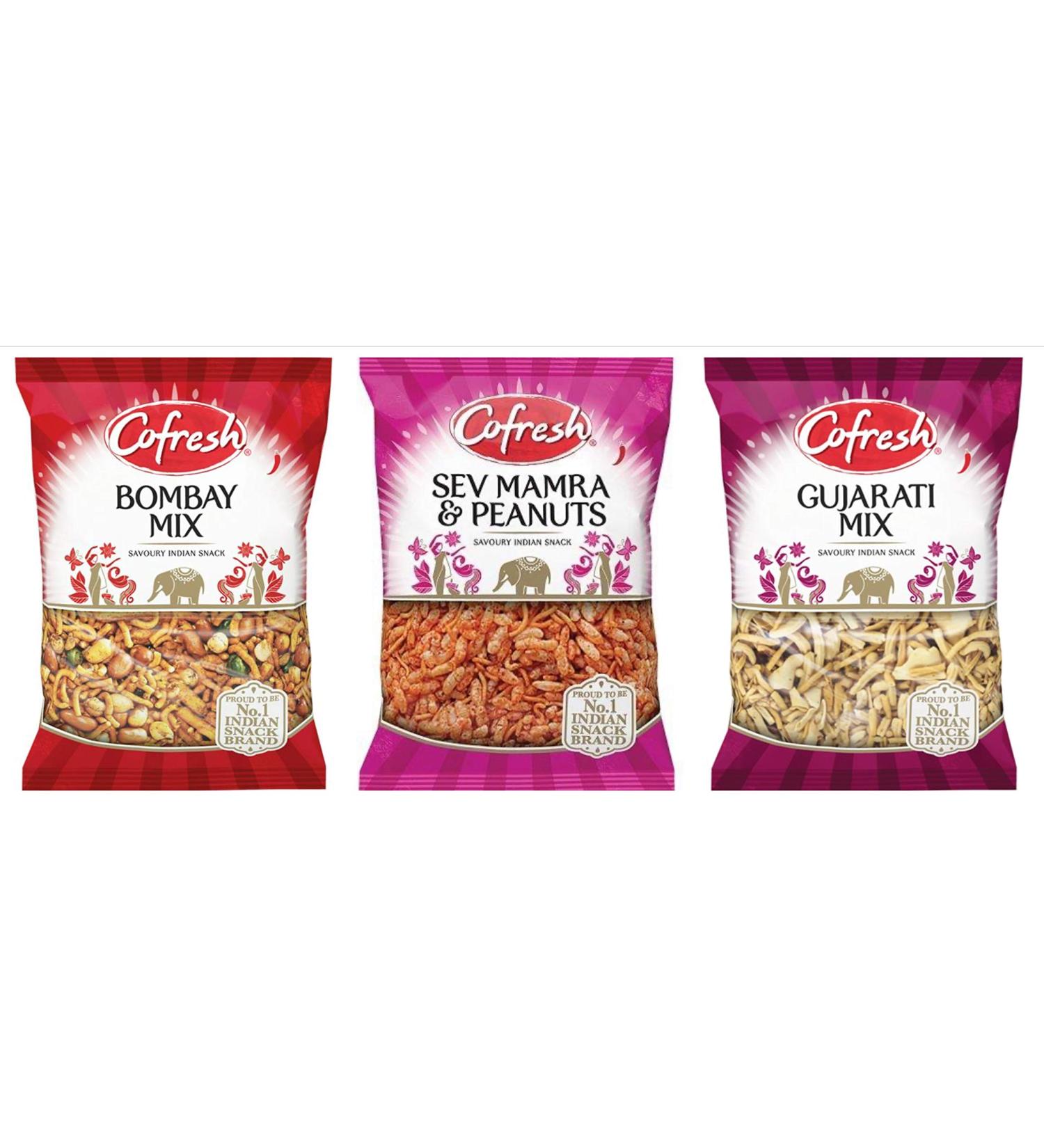 Cofresh Indian Snacks Selection Gujarati Mix Bombay Mix and Sev Mamra & Peanuts 3 x 325g Large Bags Party Set from Kingdom Supplies - Buy Online on GoSupps.com