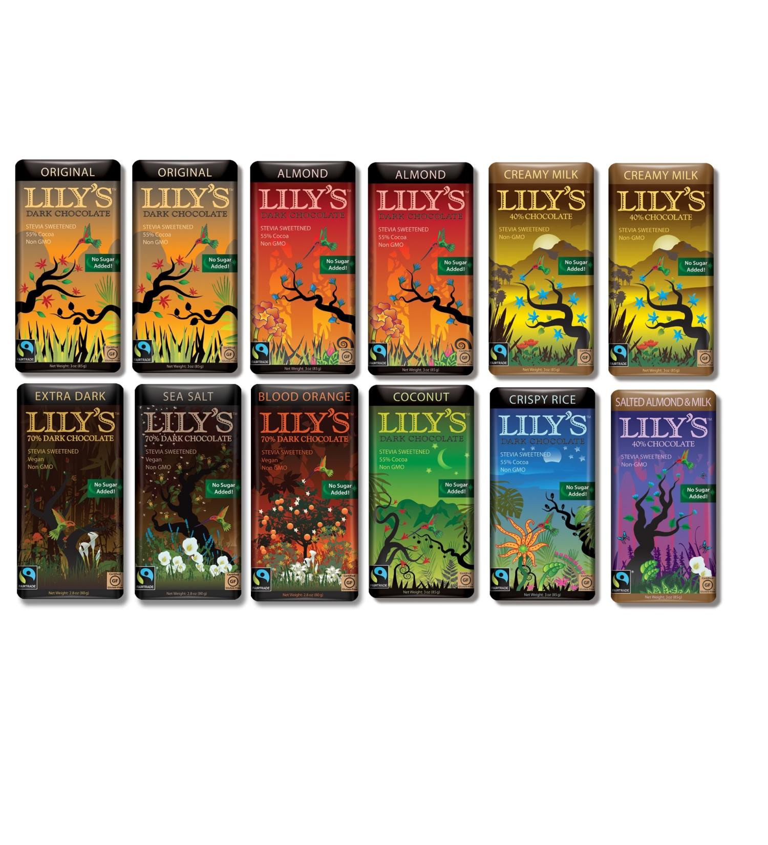 Lily's Chocolate Variety 12 pack (2 of each. Original, Almond, Creamy Milk)(1 of each. Coconut, Crispy Rice, Salted Almond & Milk, Extra Dark chocolate, Blood Orange, Sea Salt)