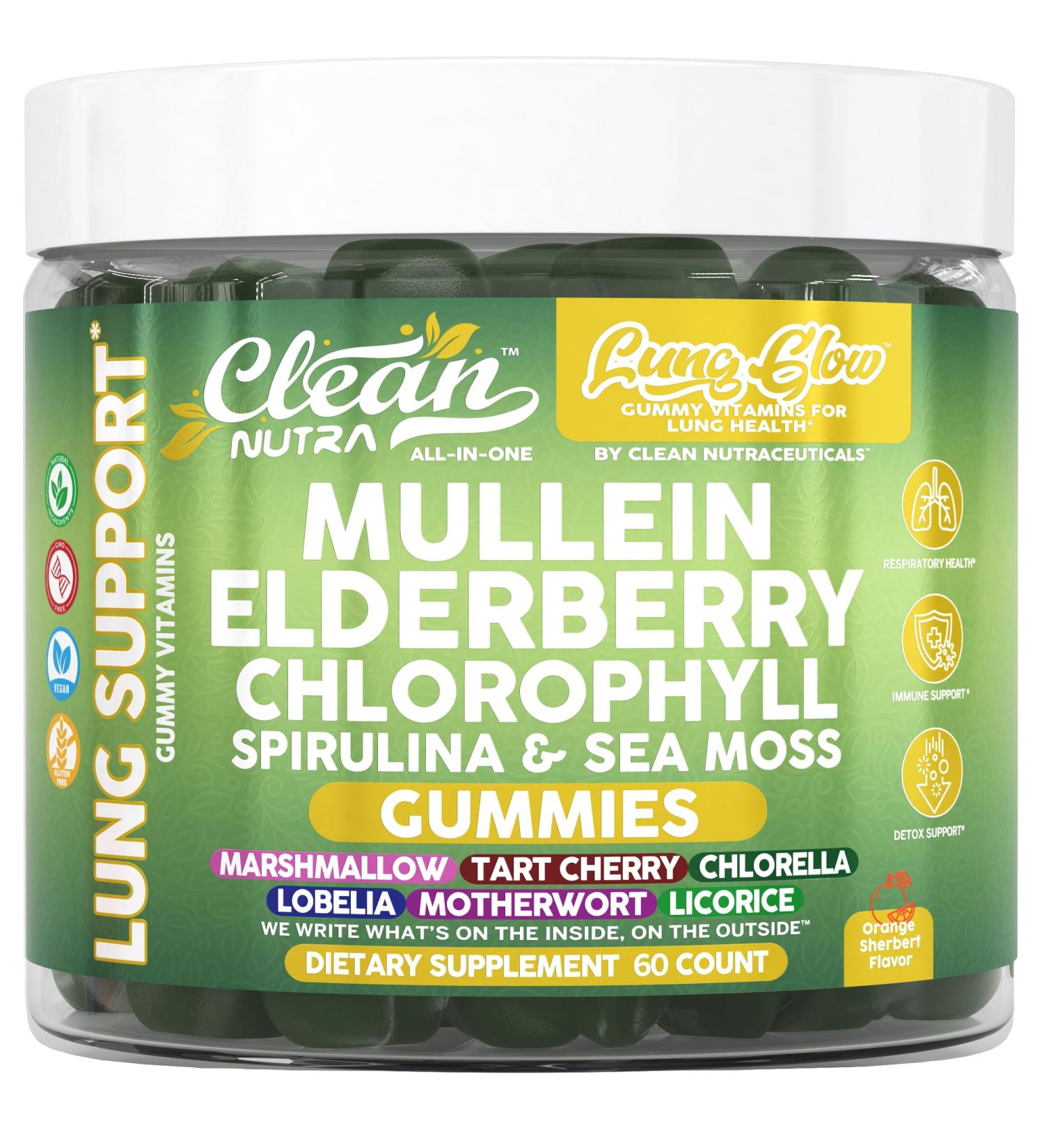 Clean Nutra Mullein Gummies for Lung Health Support with Elderberry Chlorophyll Spirulina Tart Cherry Sea Moss Vitamin C Lutein Marshmallow Root Licorice Root Superfood Greens Mucus Relief 60 Gummies - Buy Online on GoSupps.com