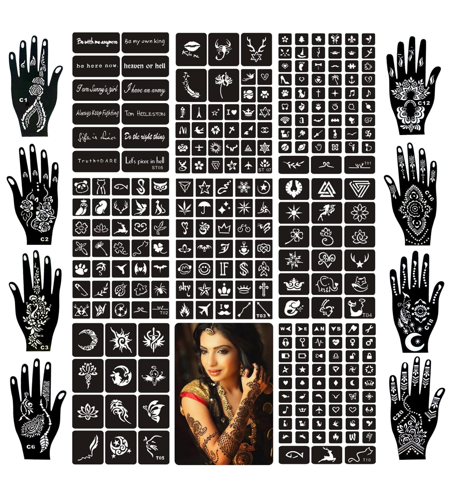 24 Sheets Henna Tattoo Stencil Kit - 270+ Reusable Indian Glitter Stencils for Face & Body Paint - Buy Online on GoSupps.com