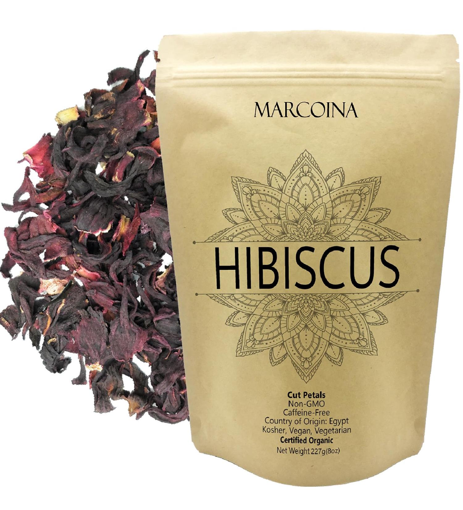 Organic Hibiscus Flowers Herbal Loose Tea by Marcoina - Cut Petals 227g in Resealable Bag Caffeine-Free from Egypt - Perfect for Hot or Cold Brew Tea - Known as Hibiscus sabdariffa. - 8oz. Hibiscus Organic Cut Flower 227g(8oz) - Buy Online on GoSupps.com
