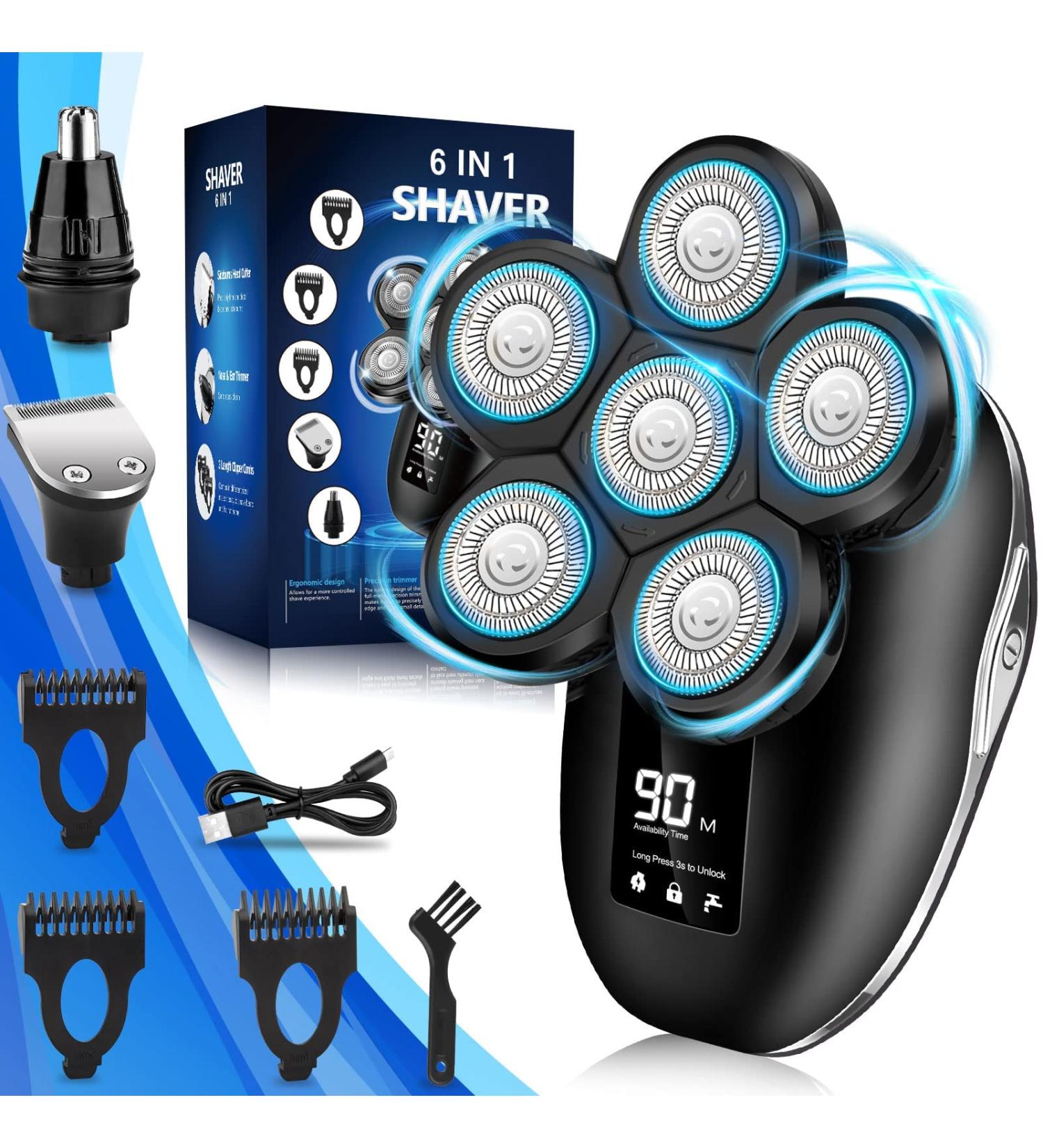 6-in-1 Men's Head Shaver & Grooming Kit | Electric Razor for Bald Head | Waterproof Rotary Shaver with Nose Hair Trimmer - Buy Online on GoSupps.com