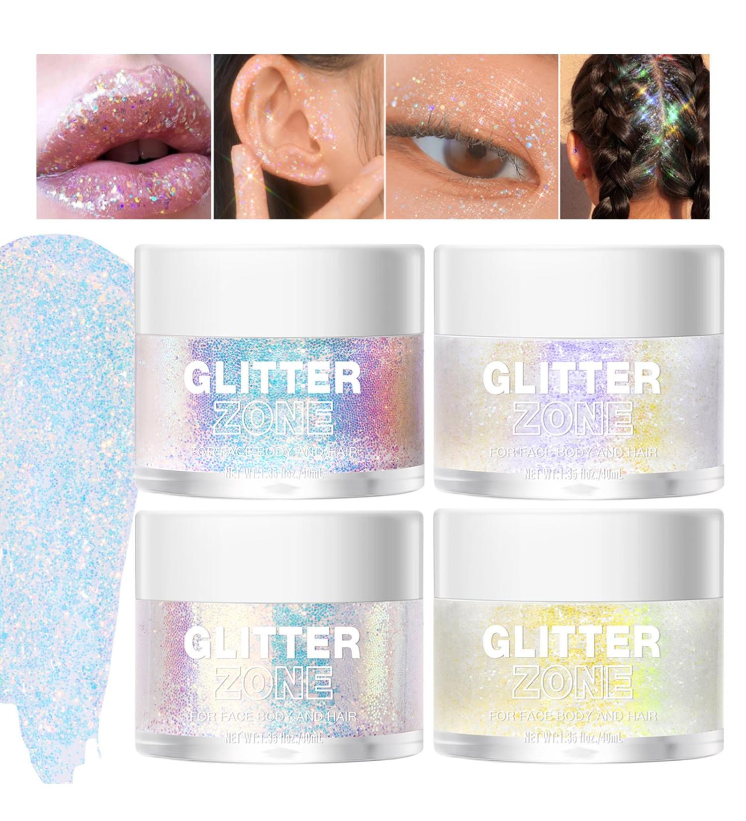 4pcs Body Gel Glitter Set - Holographic Chunky Glitter for Body Face Hair & Nails - Sparkling Pink Neon Violet & Blue - International Shipping Available - Buy Online on GoSupps.com