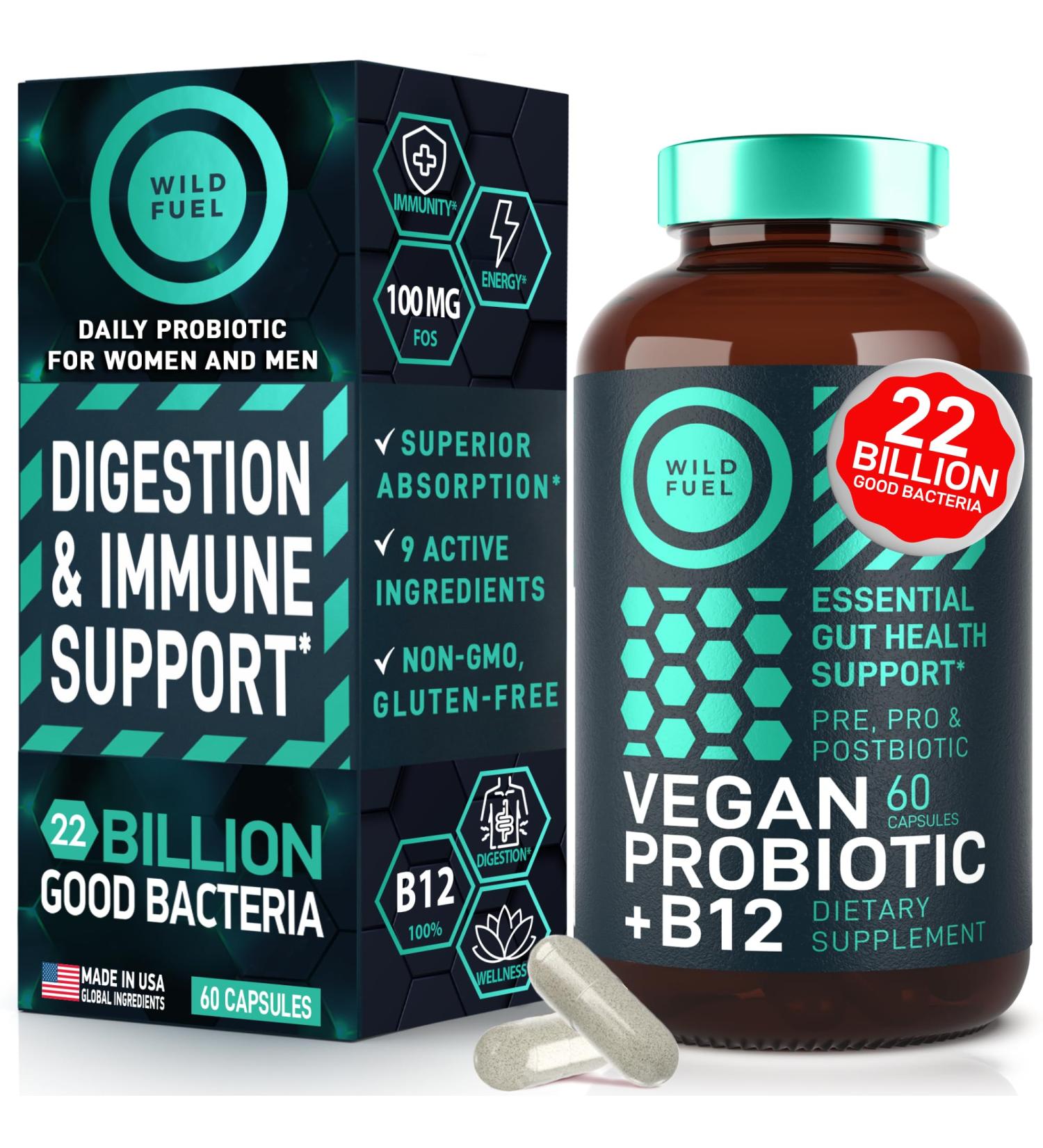 Vegan Probiotic Plus B12 & FOS - 22 Billion CFU Synbiotics Prebiotics and Probiotics for Digestive Health IBS Mood Support - B12 Pre Pro Post Biotics for Women & Men - 60 Gluten-Free Capsules Probiotic Unflavored - Buy Online on GoSupps.com