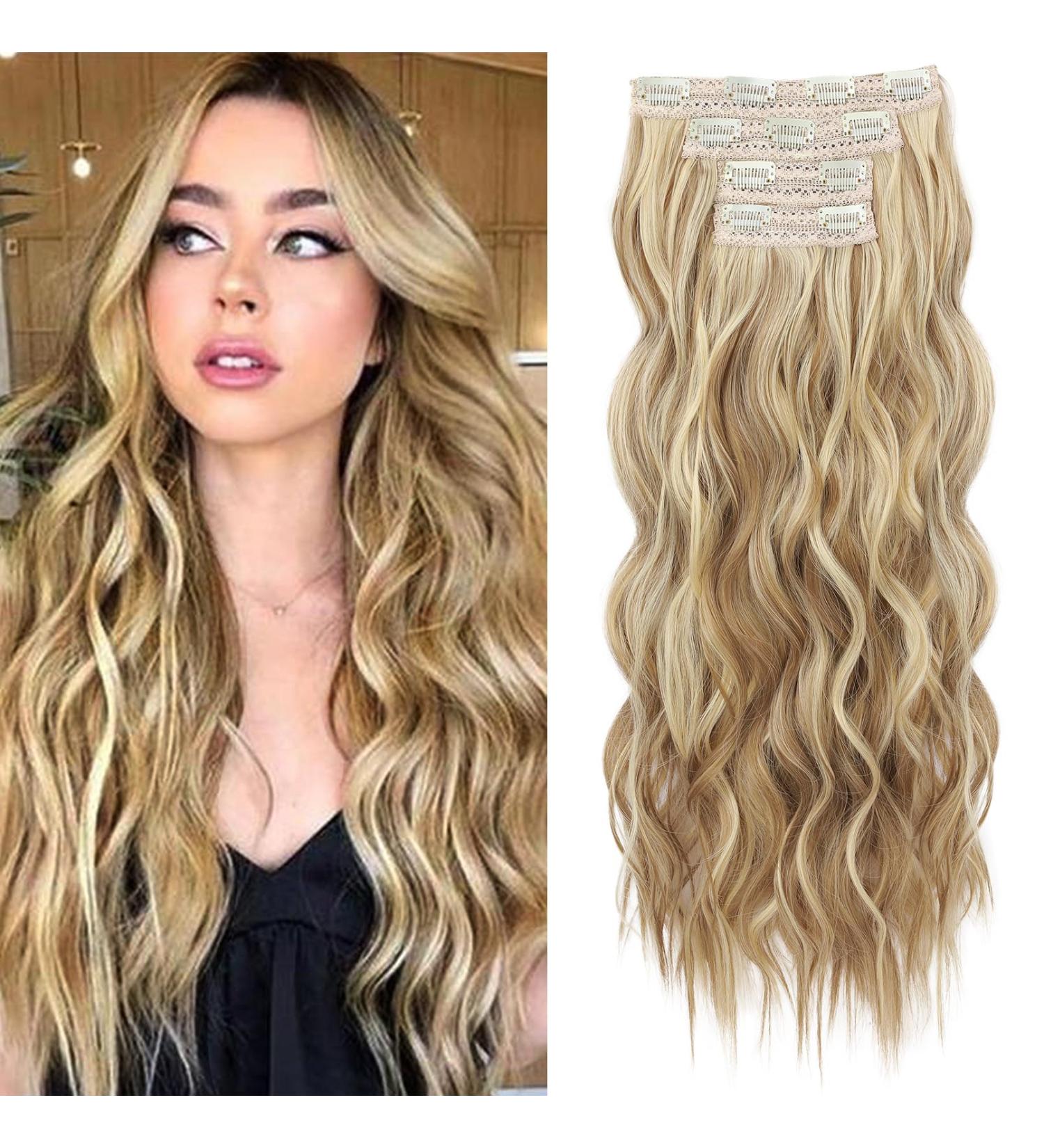 Reecho Clip-In Hair Extensions - 4PC Medium Blonde with Highlights 60cm Thick Long Beach Waves - Buy Online on GoSupps.com