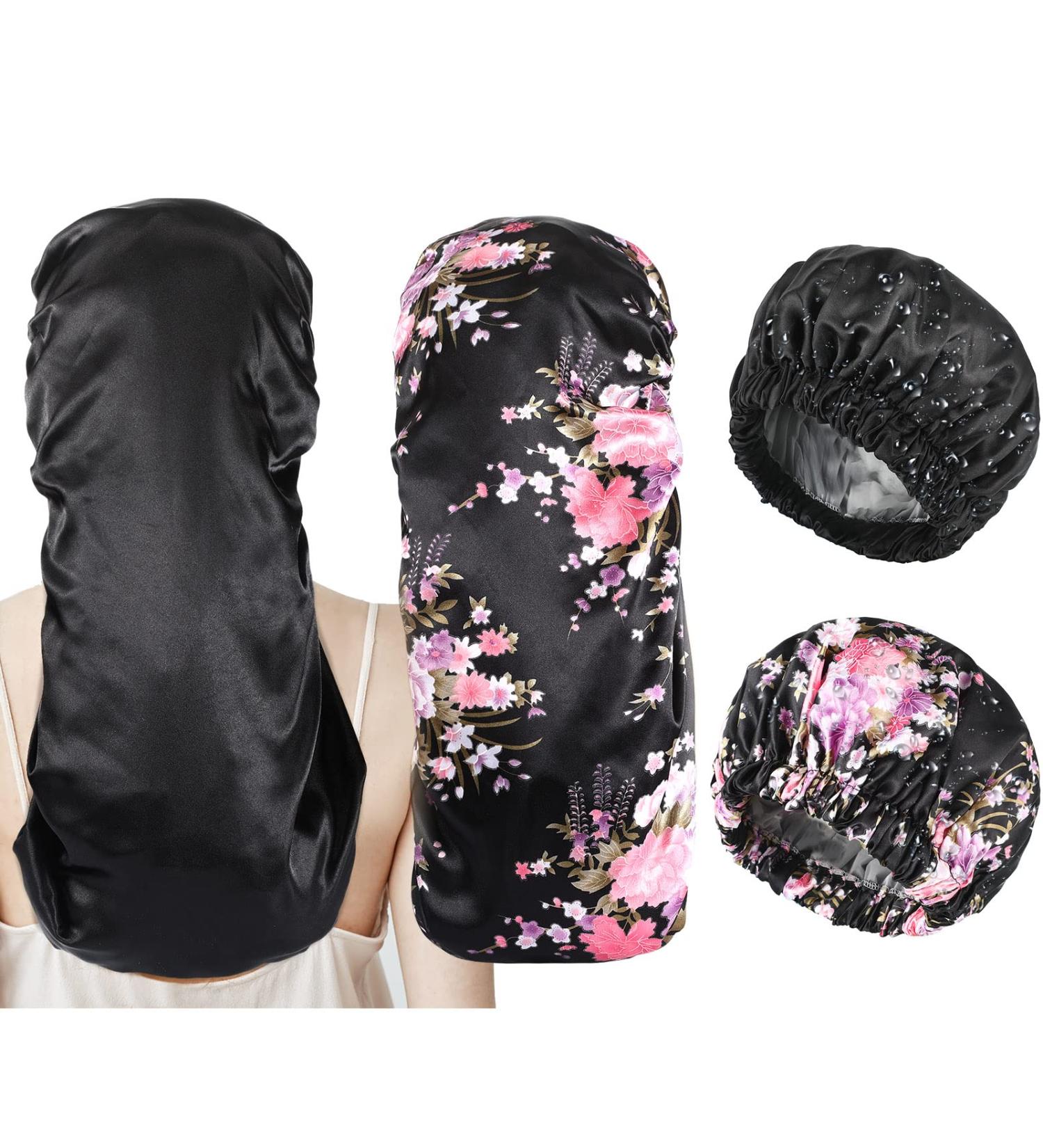 4-Piece Soft Hair Bonnets & Shower Caps Set for Women - Floral Black | Reusable, Adjustable, Waterproof Satin Caps for Silky Hair - Ideal for Sleeping & Bathing - Buy Online on GoSupps.com