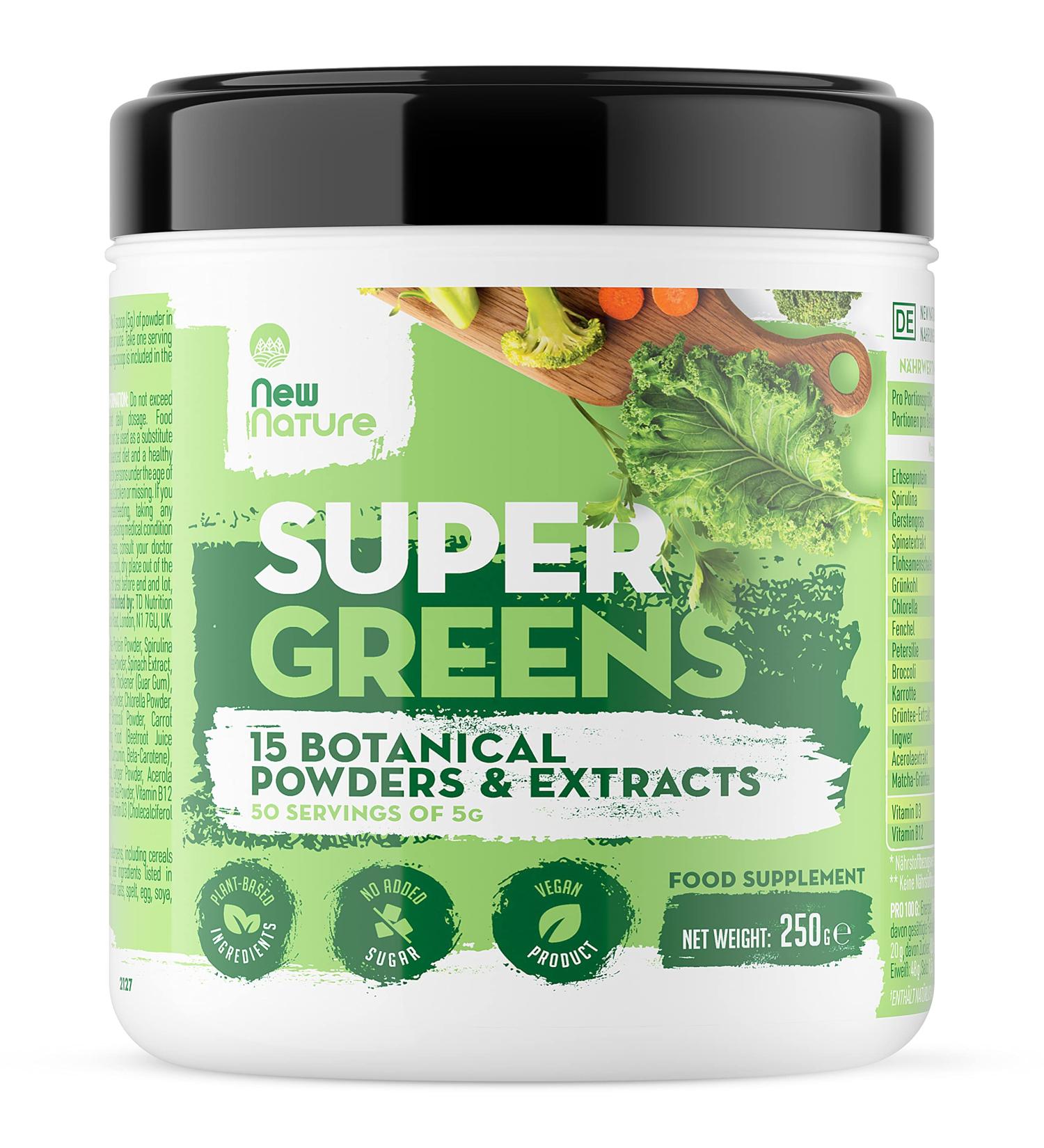 New Nature Super Greens Powder 250g | Sugar-Free Vegan Superfood Smoothie Blend | 15 Natural Superfoods for Health & Vitality - 50 Portions - Buy Online on GoSupps.com