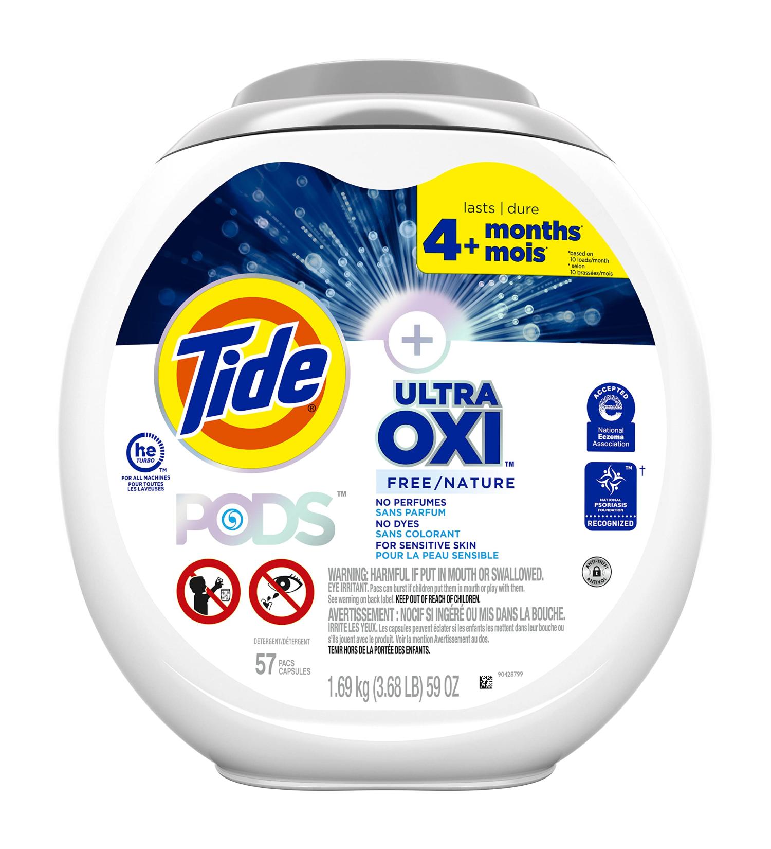 Tide PODS Ultra OXI Free Laundry Detergent Pacs - 57 Count | National Eczema & Psoriasis Recommended - Buy Online on GoSupps.com